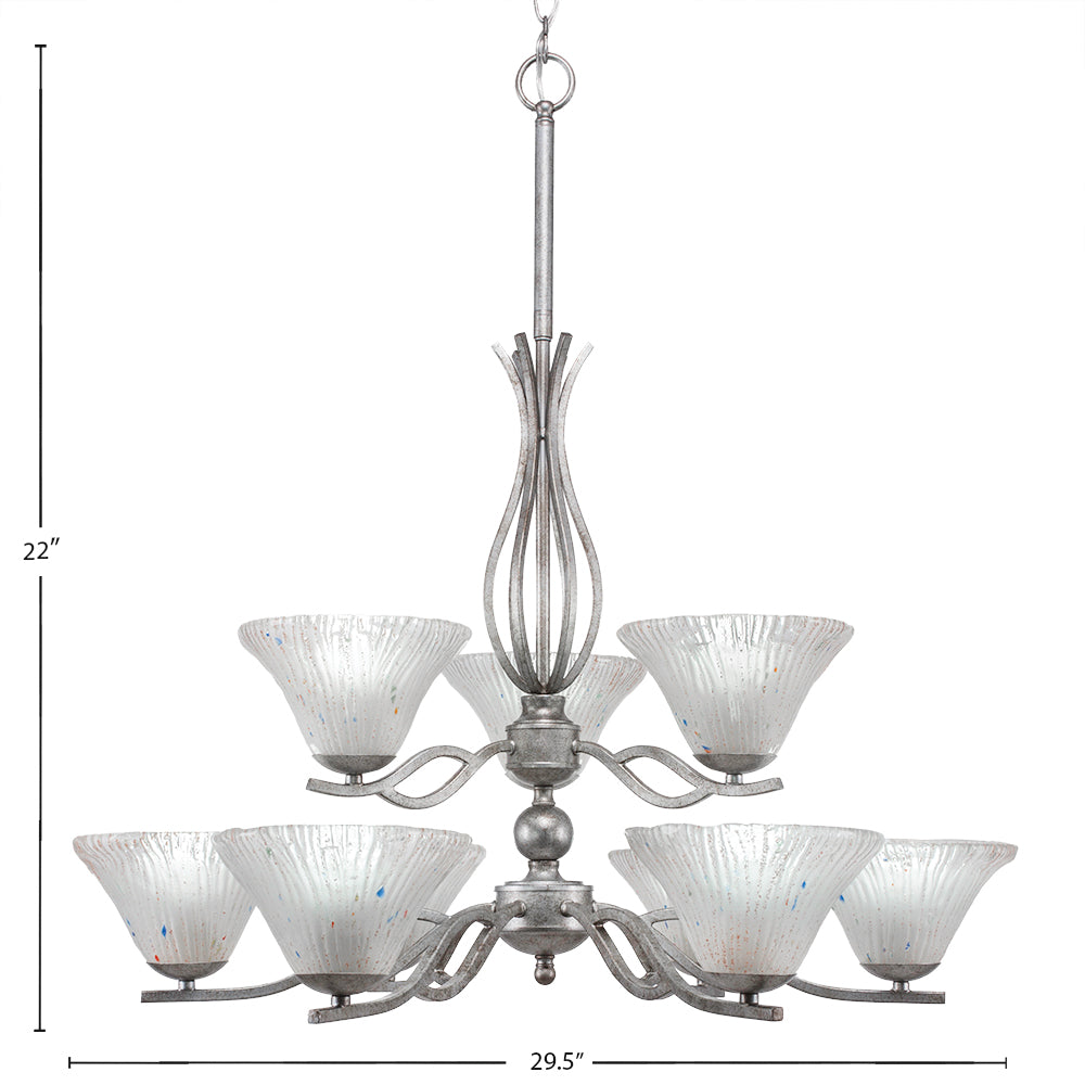Revo Nine Light Chandelier in Aged Silver with 7" Frosted Crystal Shade