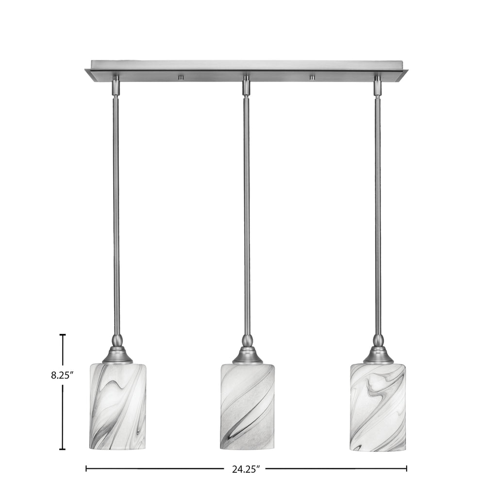 Stem Three Light Linear Pendalier in Brushed Nickel with Onyx Swirl Shade