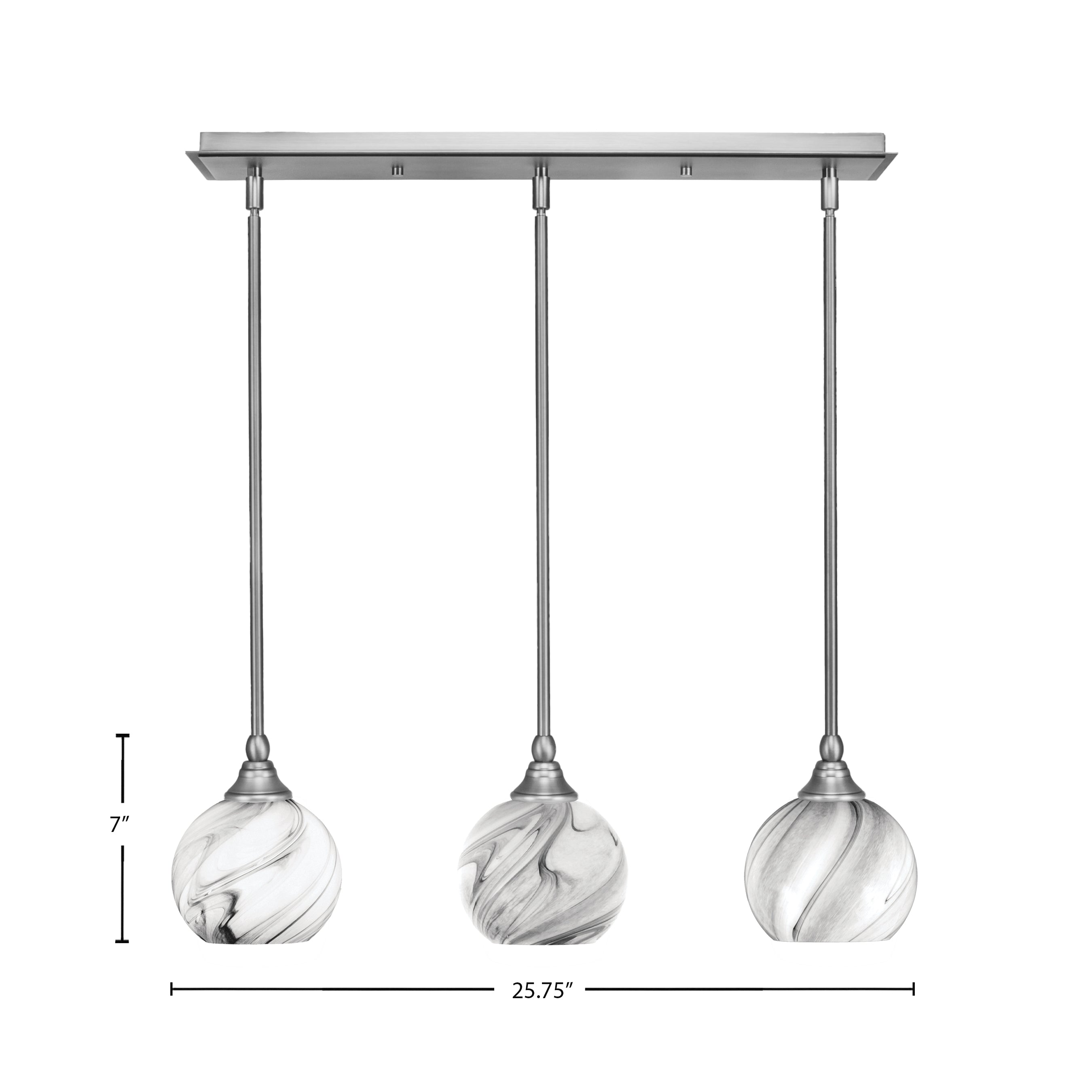 Stem Three Light Linear Pendalier in Brushed Nickel with Onyx Swirl Shade