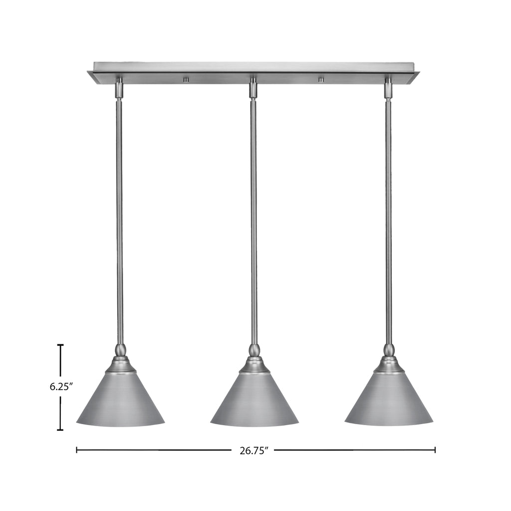 Any Three Light Linear Pendalier in Brushed Nickel with 7" Brushed Nickel Cone Metal Shade Shade