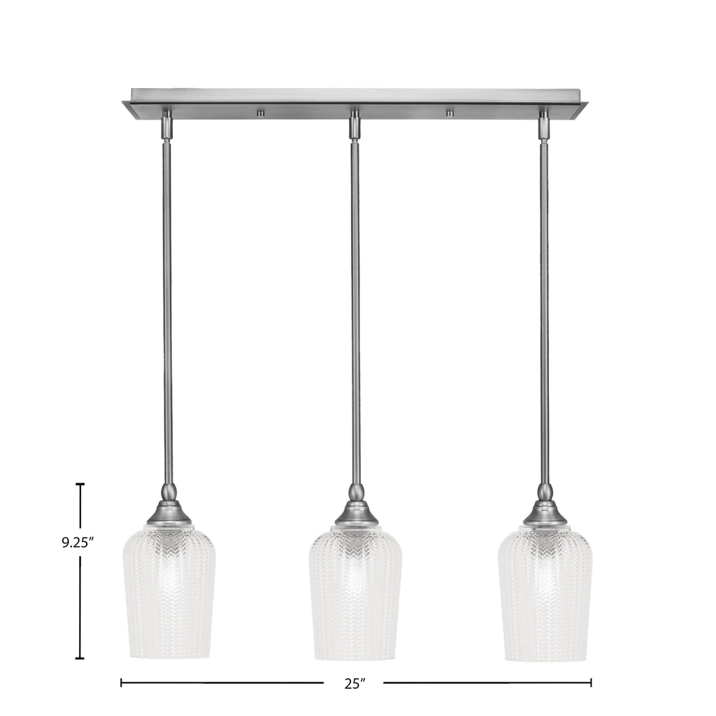 Stem Three Light Linear Pendalier in Brushed Nickel with Clear Textured Shade