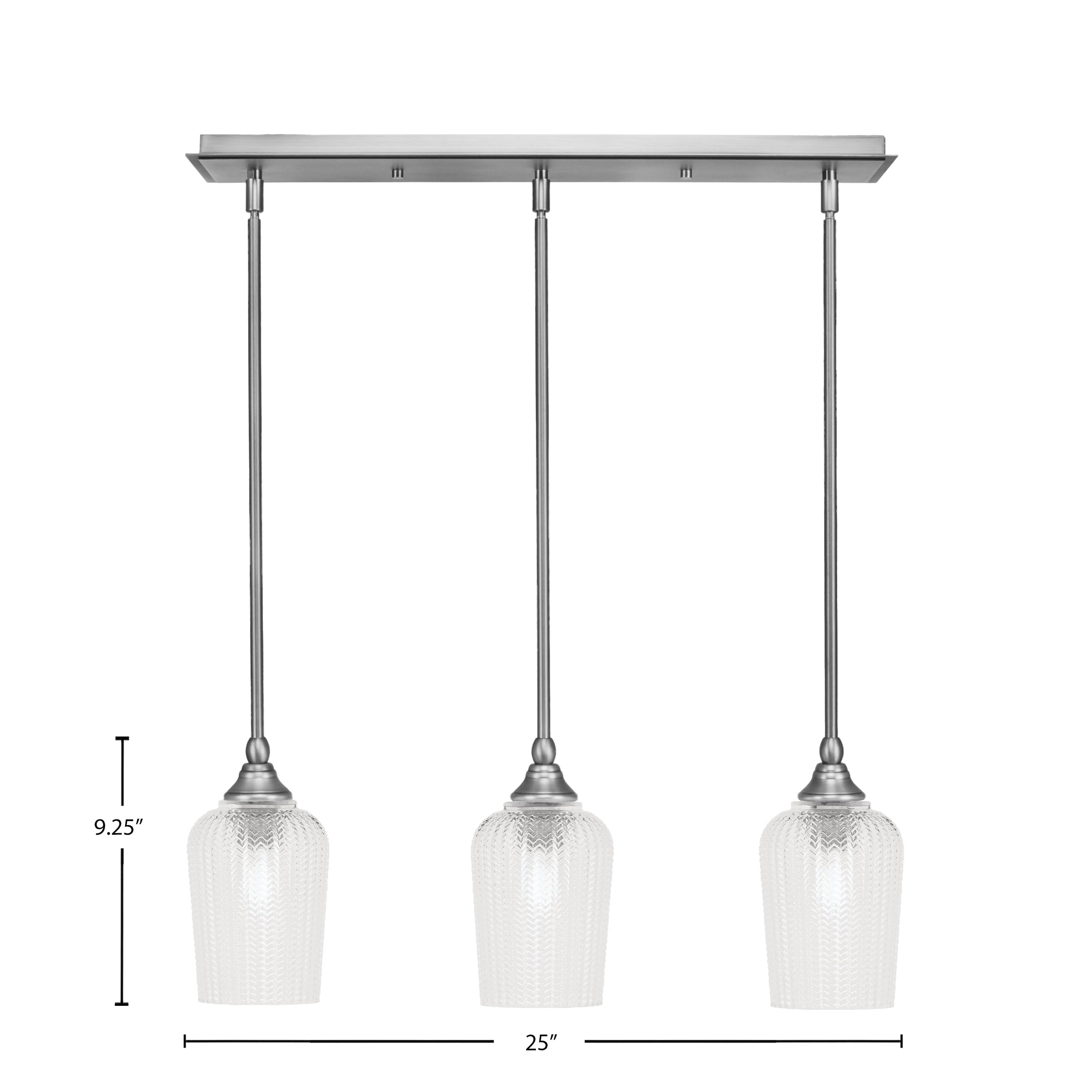 Stem Three Light Linear Pendalier in Brushed Nickel with Clear Textured Shade