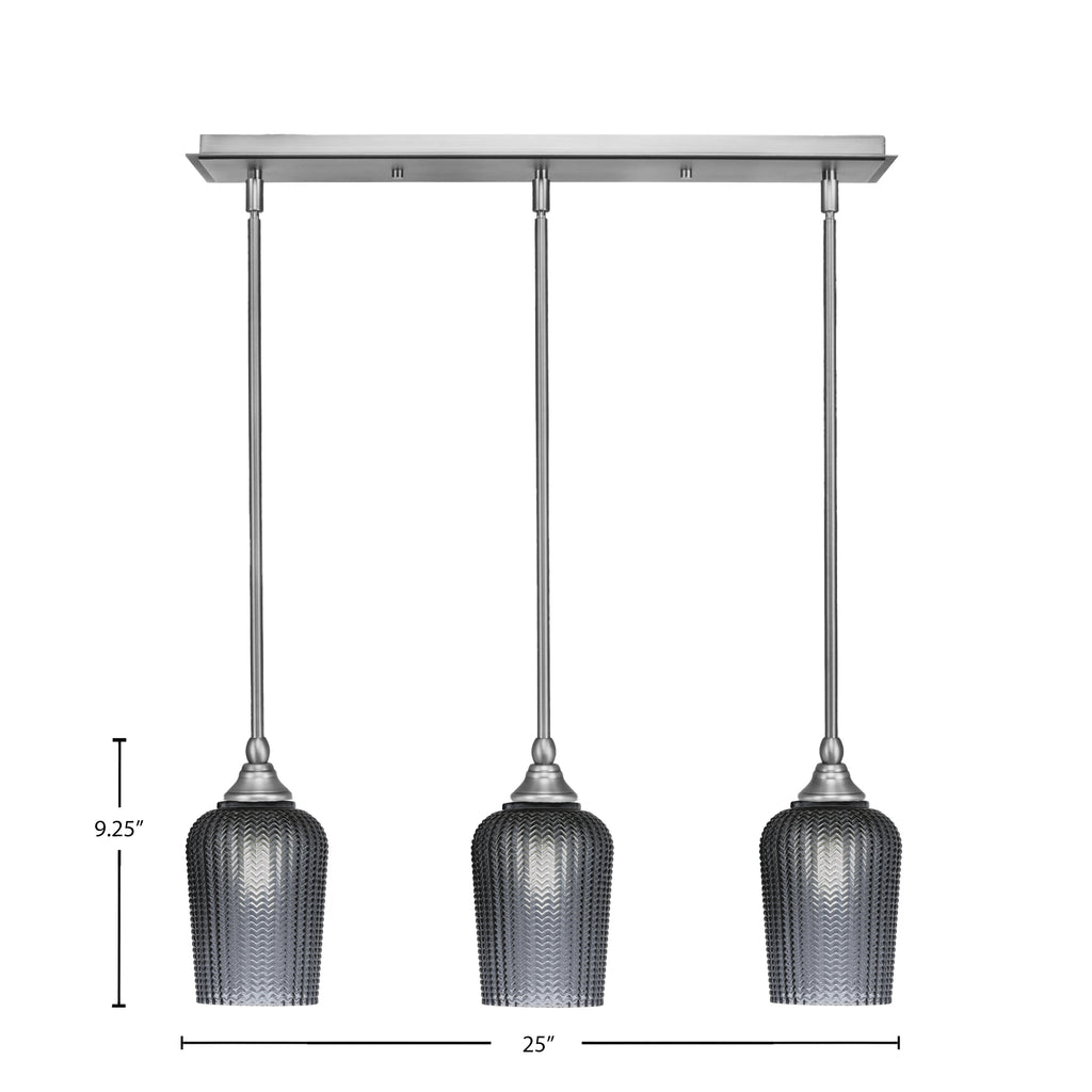 Stem Three Light Linear Pendalier in Brushed Nickel with Smoke Textured Shade