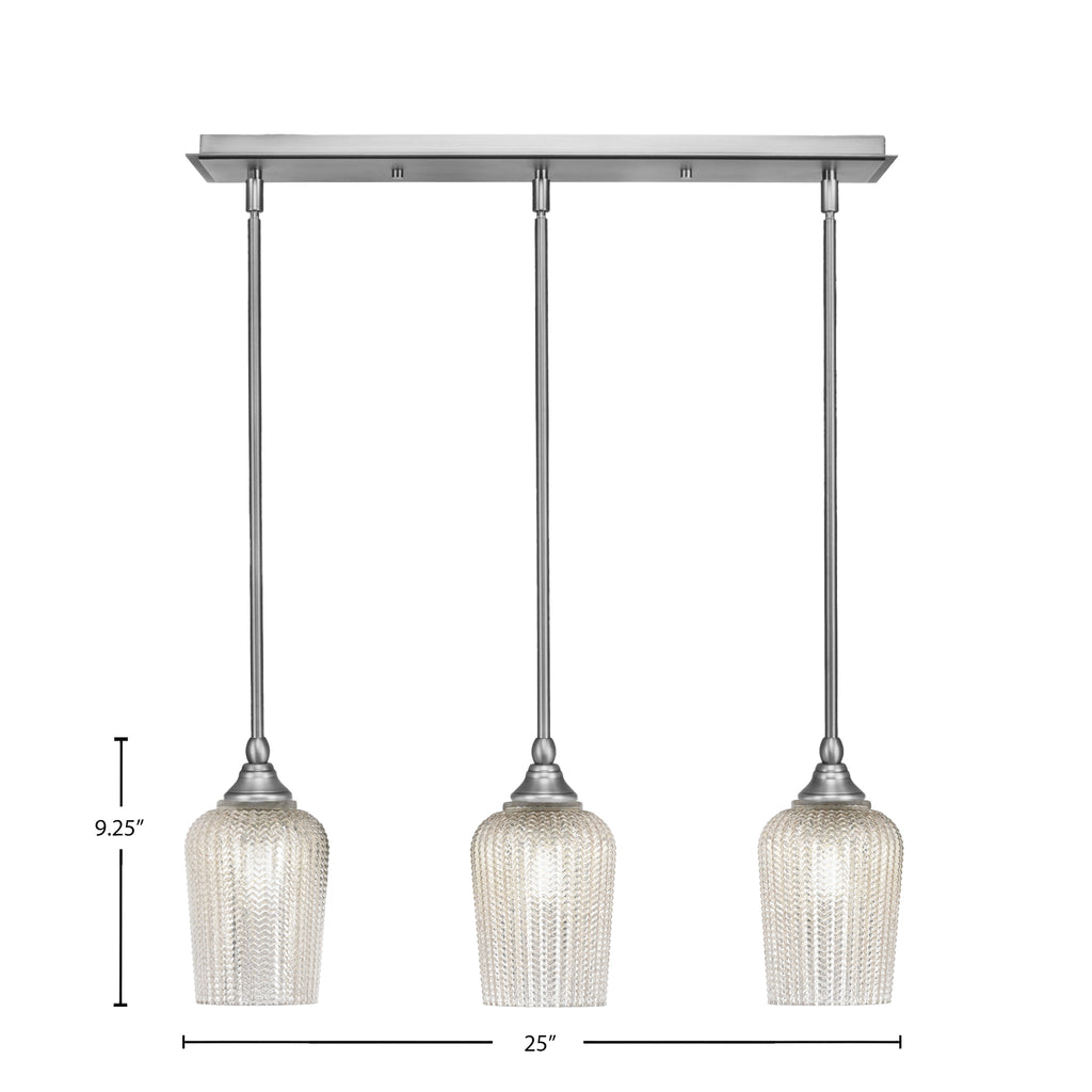 Stem Three Light Linear Pendalier in Brushed Nickel with Silver Textured Shade