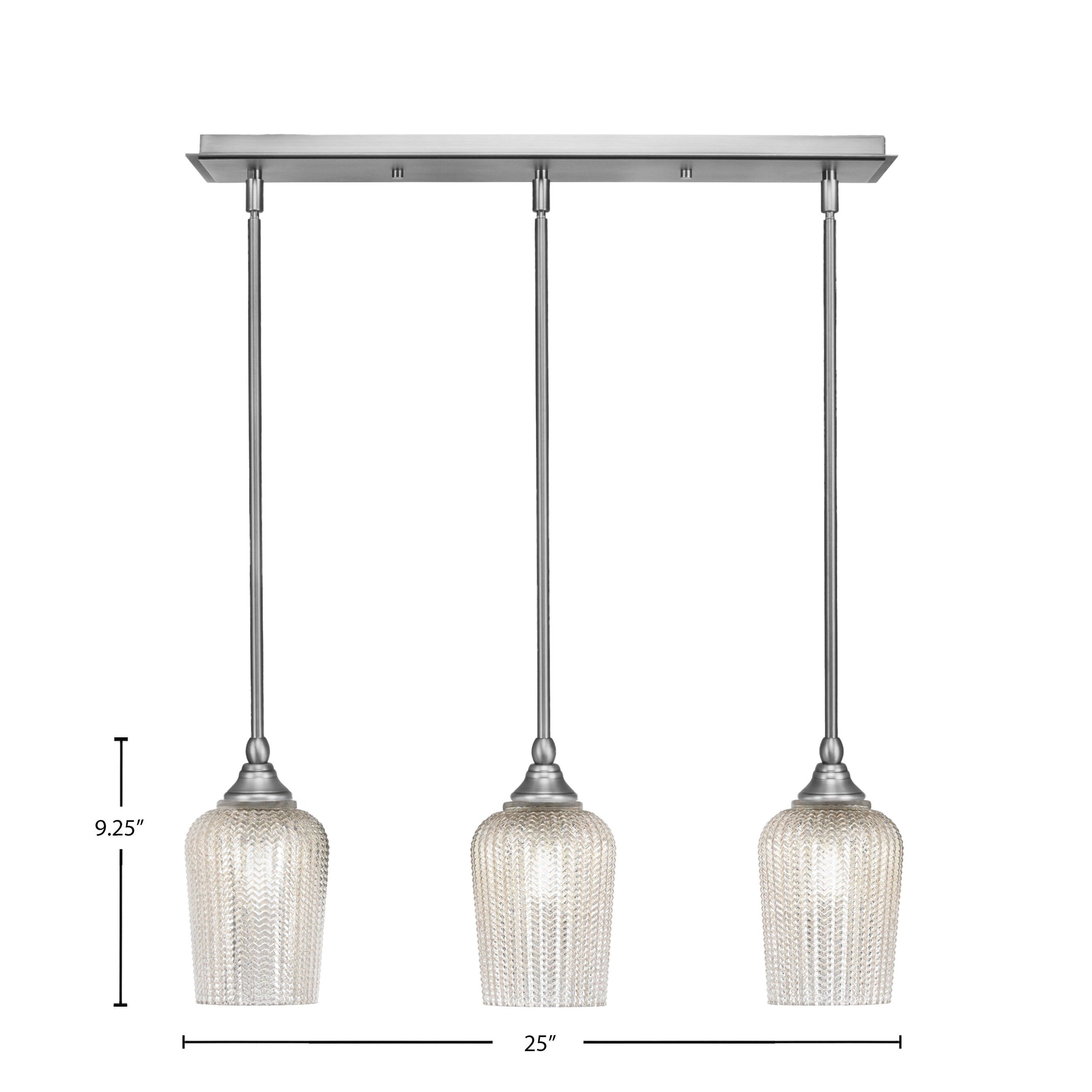 Stem Three Light Linear Pendalier in Brushed Nickel with Silver Textured Shade