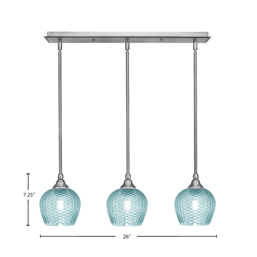 Stem Three Light Linear Pendalier in Brushed Nickel with Turquoise Textured Shade