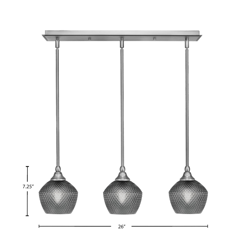 Stem Three Light Linear Pendalier in Brushed Nickel with Smoke Textured Shade
