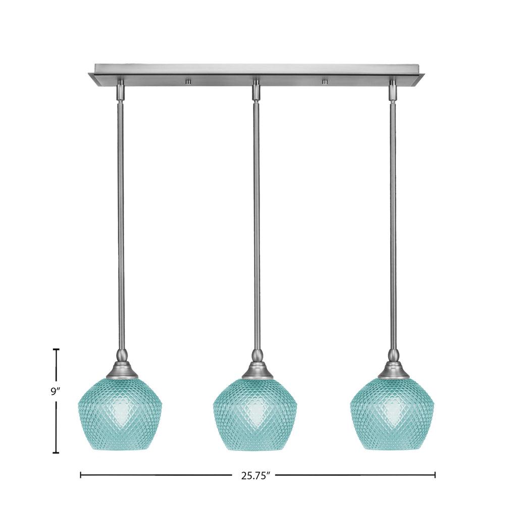 Stem Three Light Linear Pendalier in Brushed Nickel with Turquoise Textured Shade