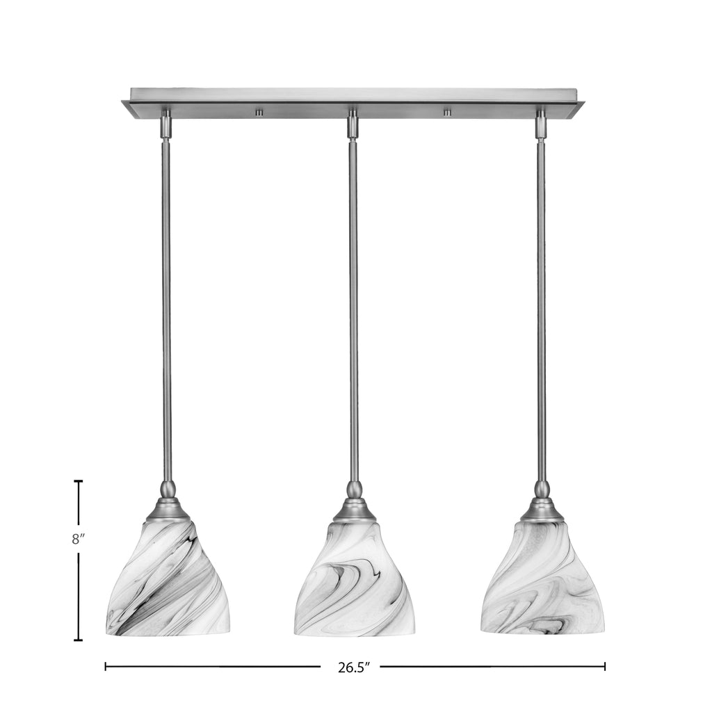 Stem Three Light Linear Pendalier in Brushed Nickel with Onyx Swirl Shade