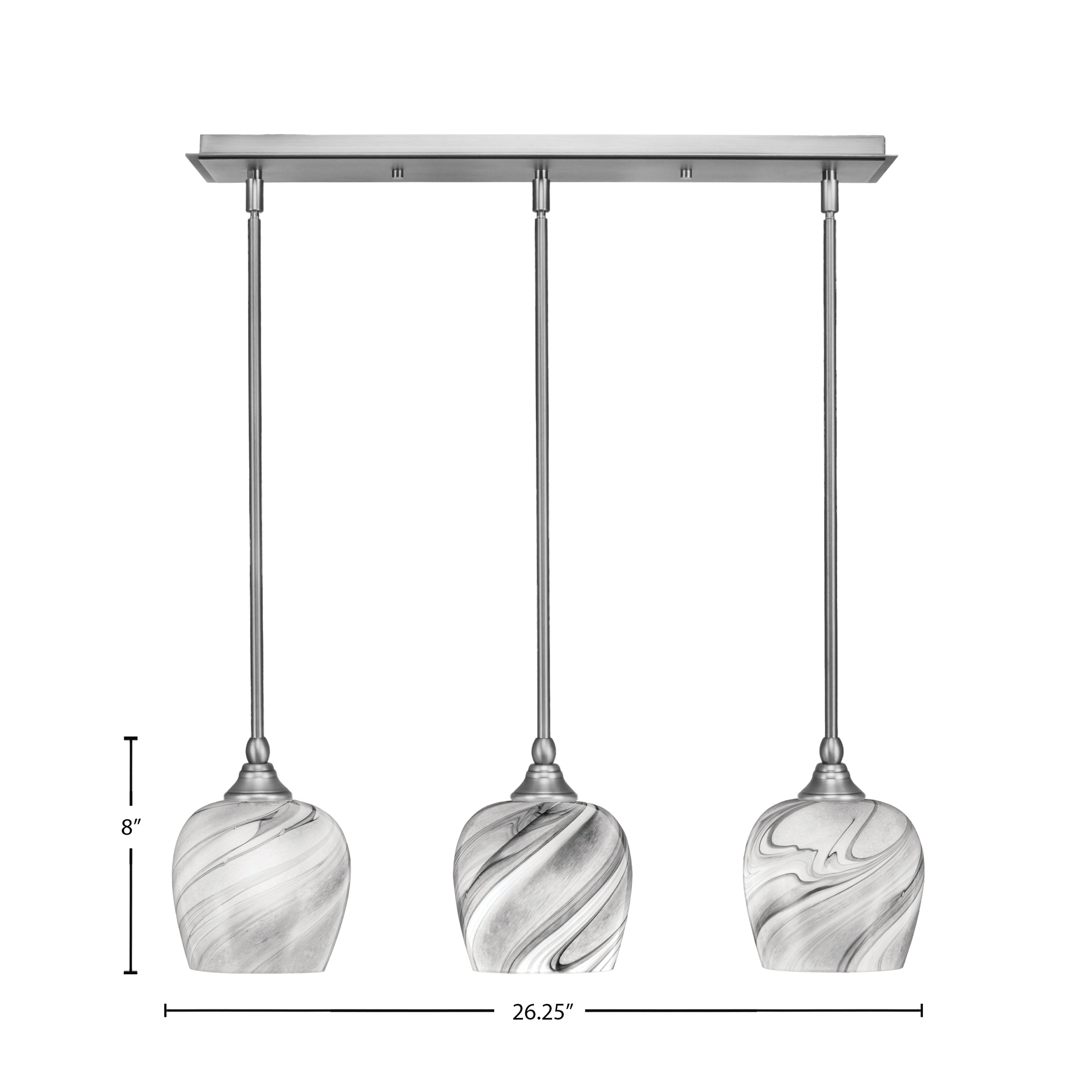 Stem Three Light Linear Pendalier in Brushed Nickel with Onyx Swirl Shade