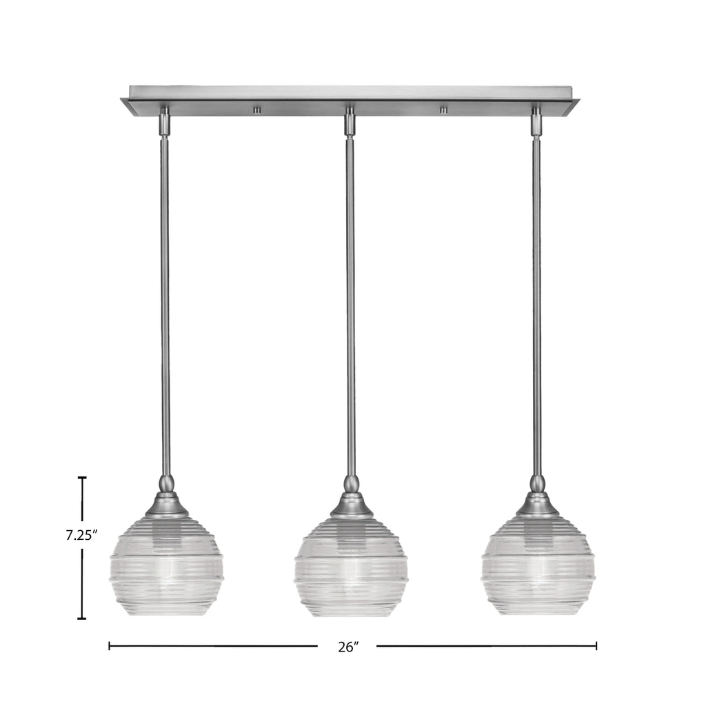 Stem Three Light Linear Pendalier in Brushed Nickel with Clear Ribbed Shade