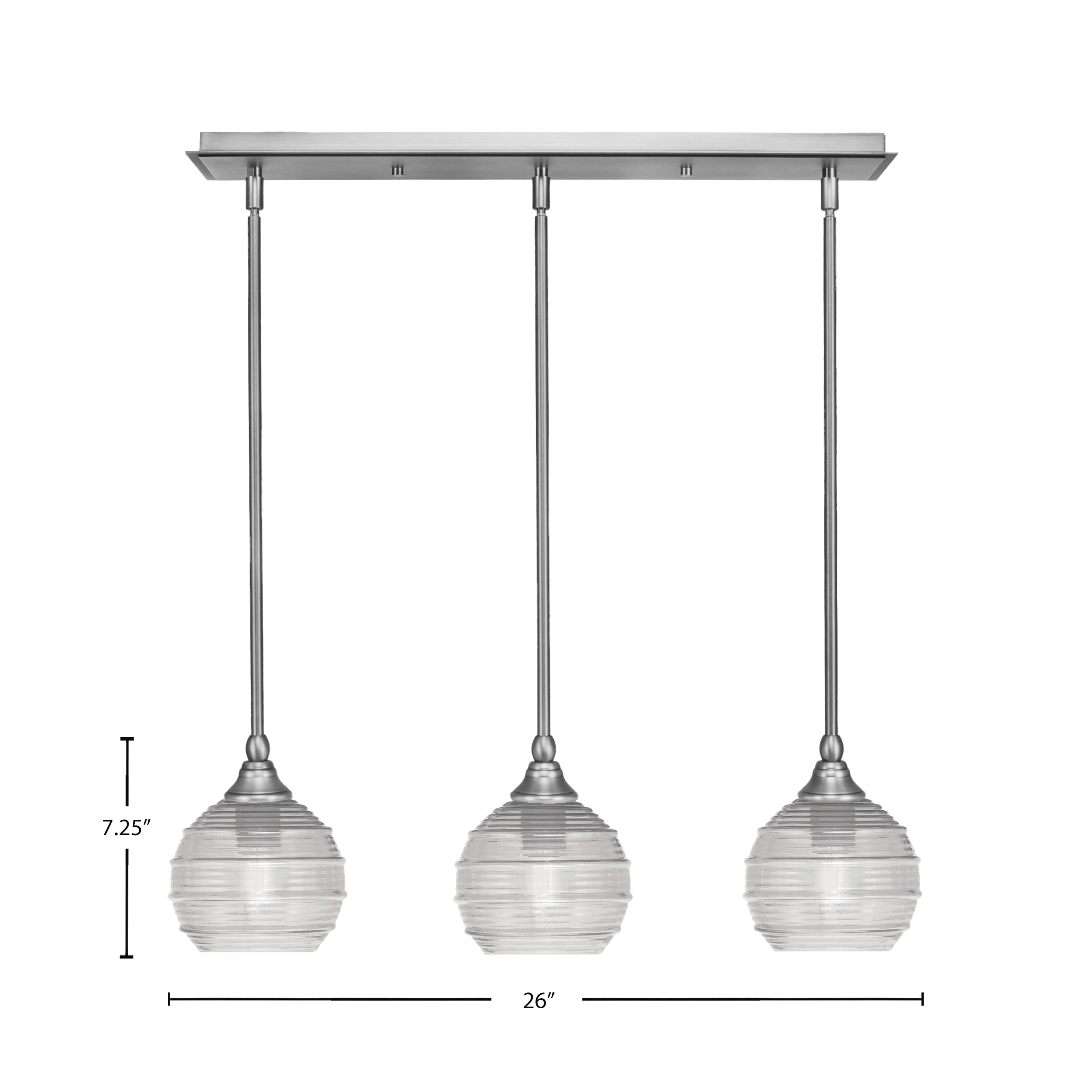 Stem Three Light Linear Pendalier in Brushed Nickel with Clear Ribbed Shade