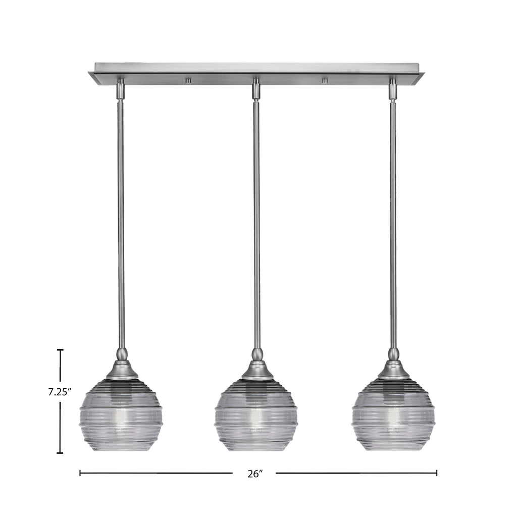 Stem Three Light Linear Pendalier in Brushed Nickel with Smoke Ribbed Shade