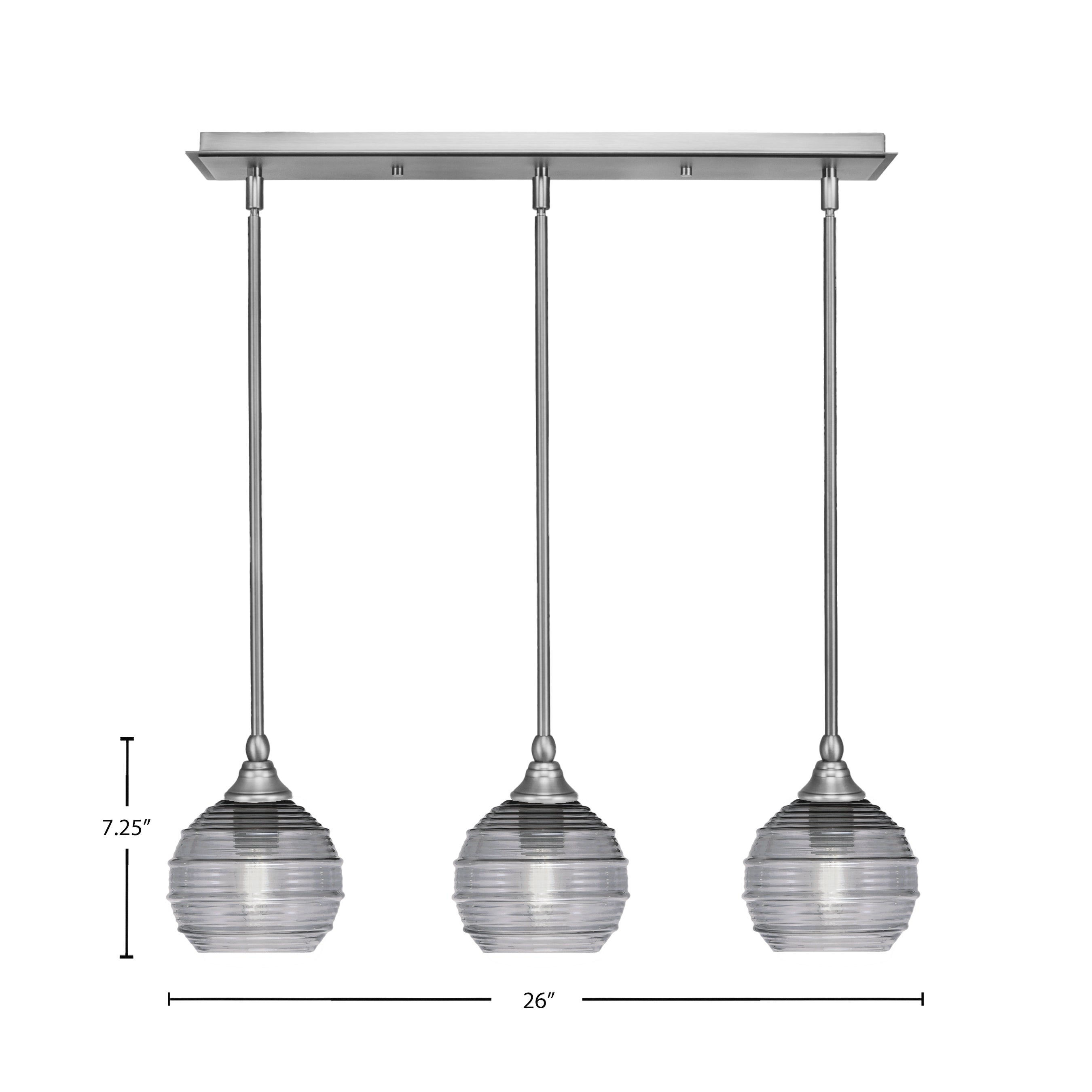 Stem Three Light Linear Pendalier in Brushed Nickel with Smoke Ribbed Shade
