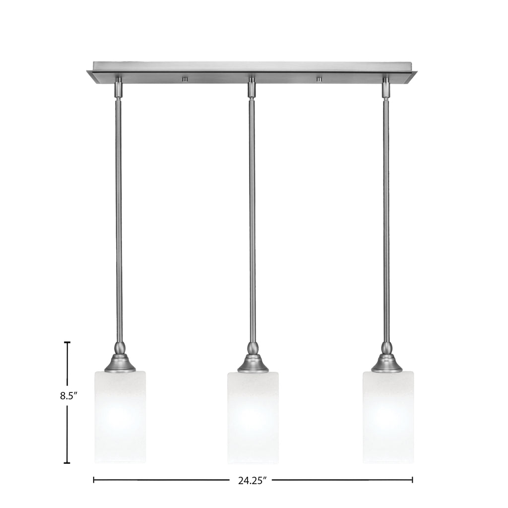 Stem Three Light Linear Pendalier in Brushed Nickel with Square White Marble Shade
