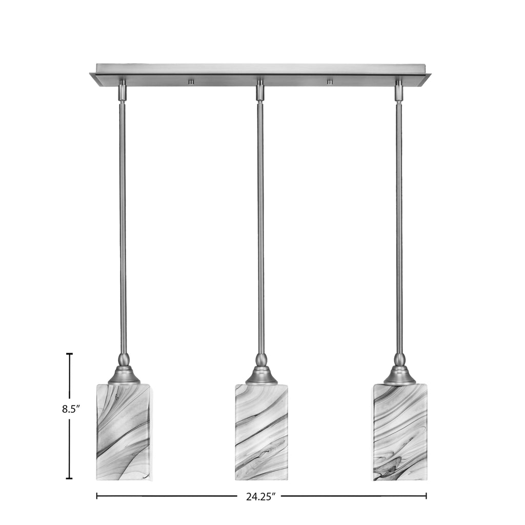 Stem Three Light Linear Pendalier in Brushed Nickel with Square Onyx Swirl Shade