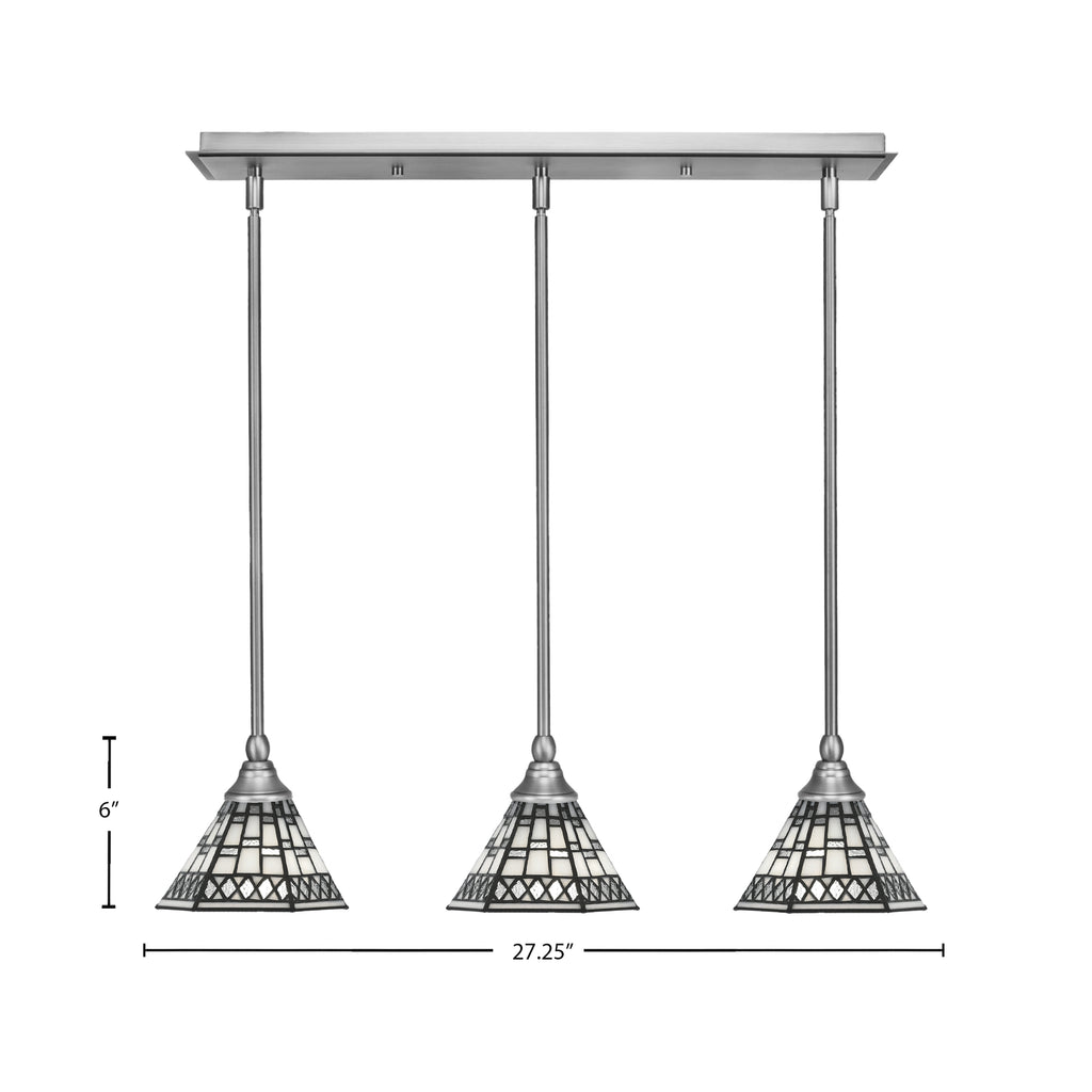 Any Three Light Linear Pendalier in Brushed Nickel with 7" Pewter Art Glass Shade