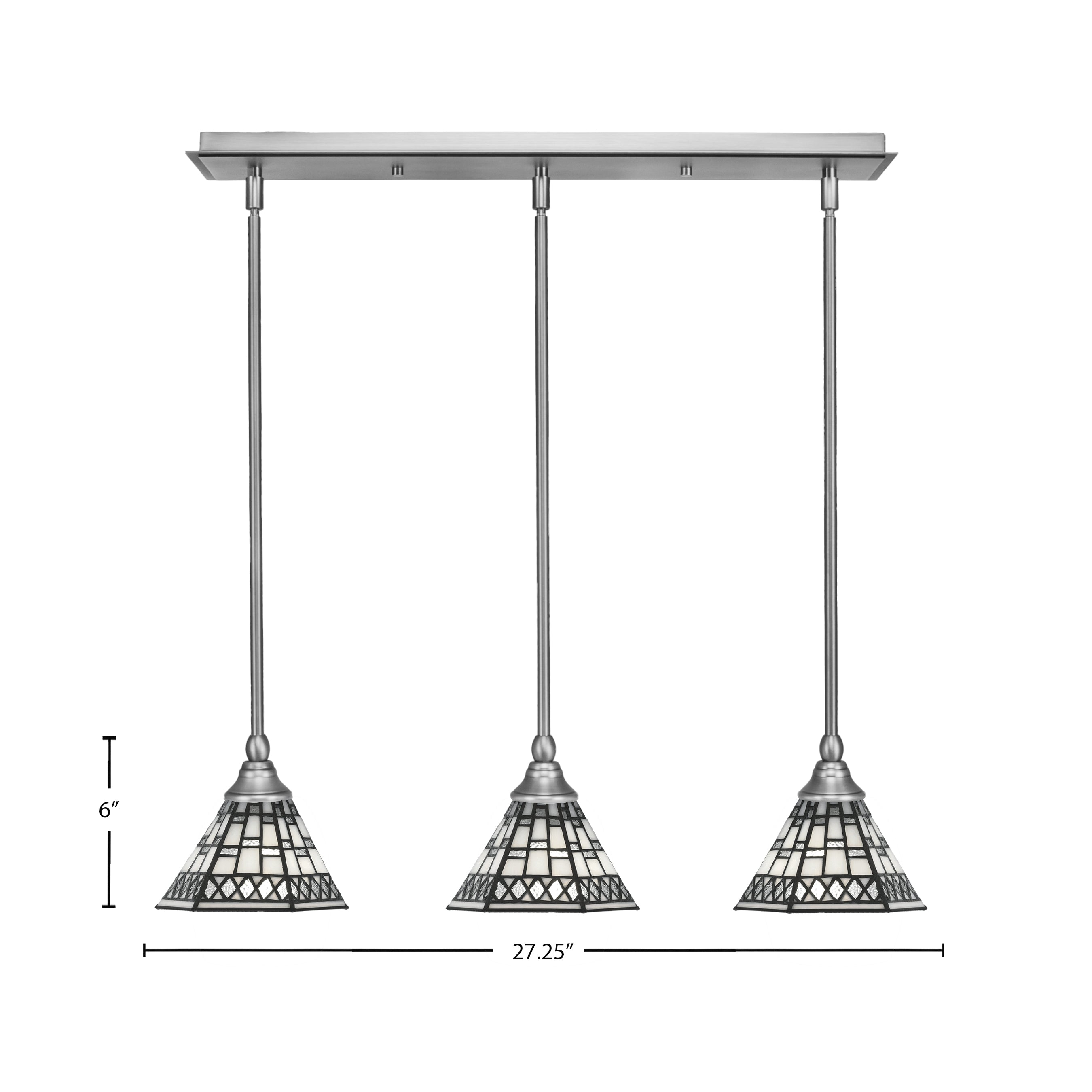 Any Three Light Linear Pendalier in Brushed Nickel with 7" Pewter Art Glass Shade