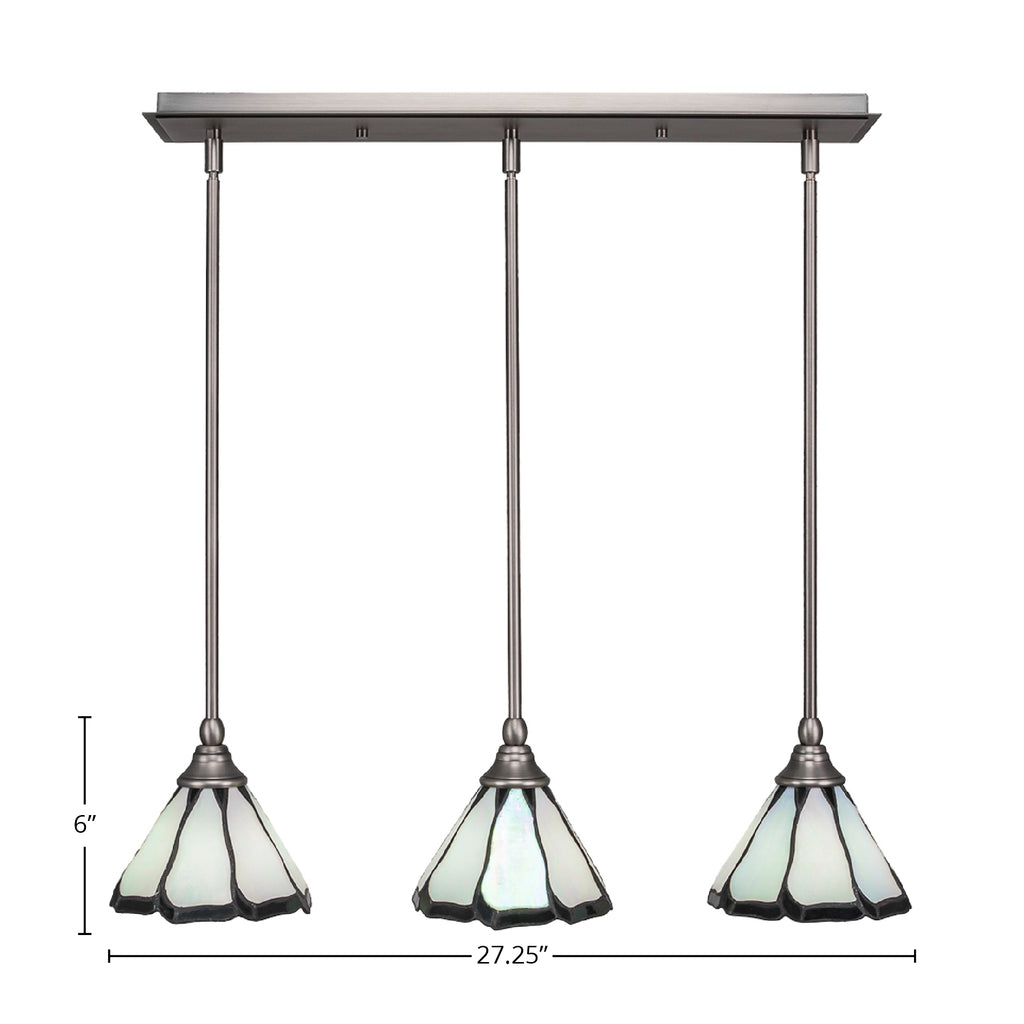 Any Three Light Linear Pendalier in Brushed Nickel with 7" Pearl & Black Flair Art Glass Shade