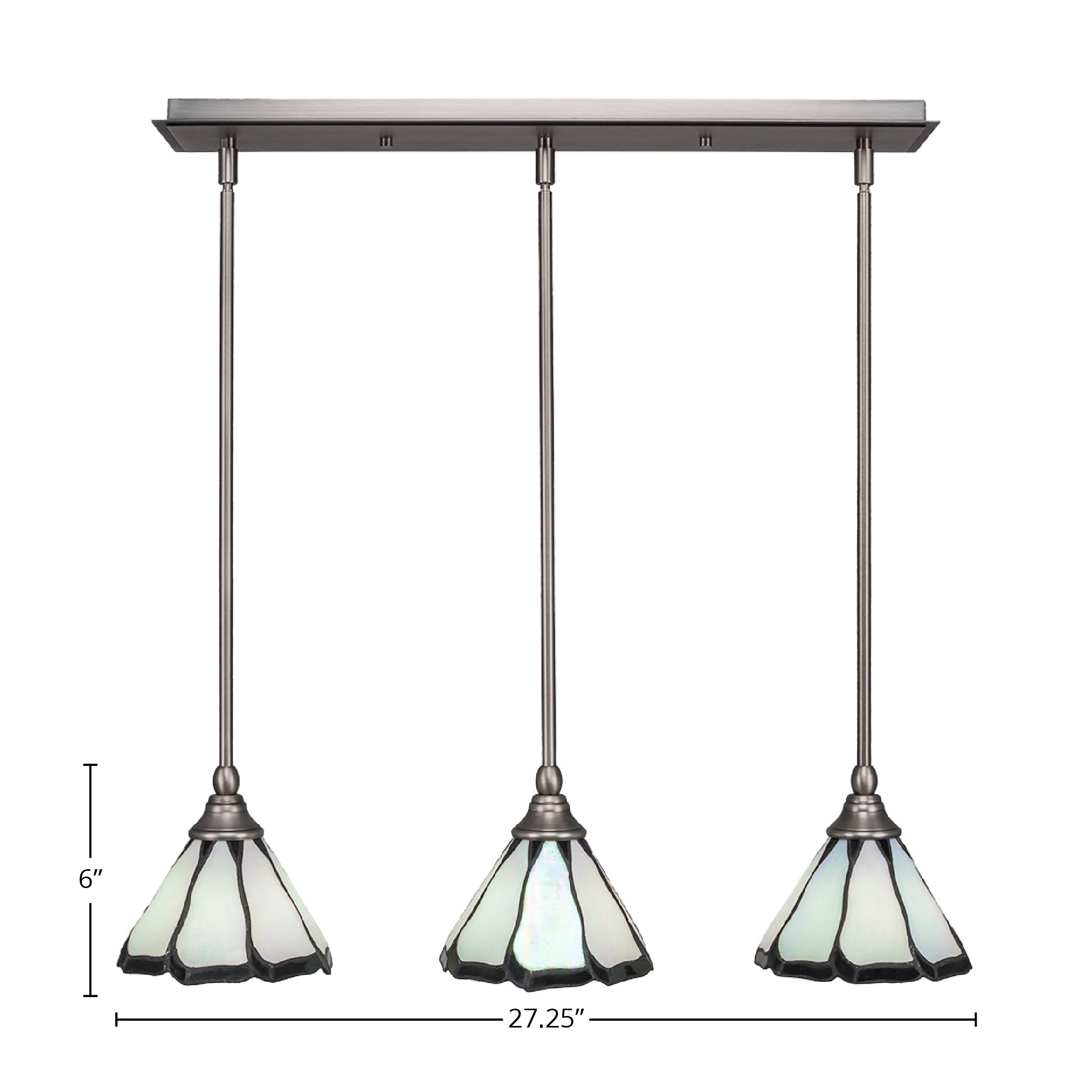 Any Three Light Linear Pendalier in Brushed Nickel with 7" Pearl & Black Flair Art Glass Shade