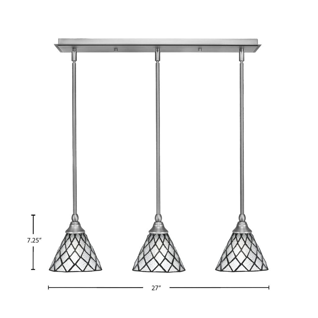 Stem Three Light Linear Pendalier in Brushed Nickel with Diamond Ice Art Glass Shade