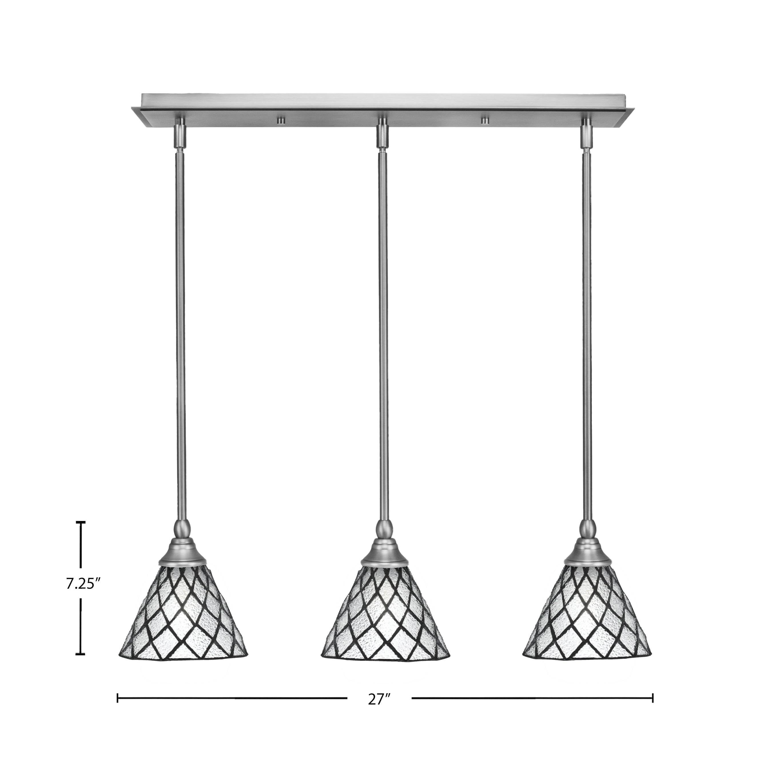 Stem Three Light Linear Pendalier in Brushed Nickel with Diamond Ice Art Glass Shade
