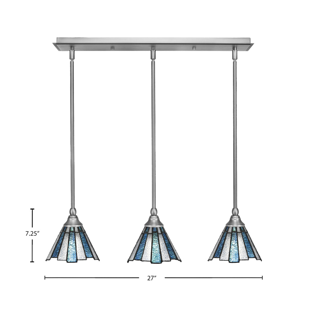Stem Three Light Linear Pendalier in Brushed Nickel with Sea Ice Art Glass Shade