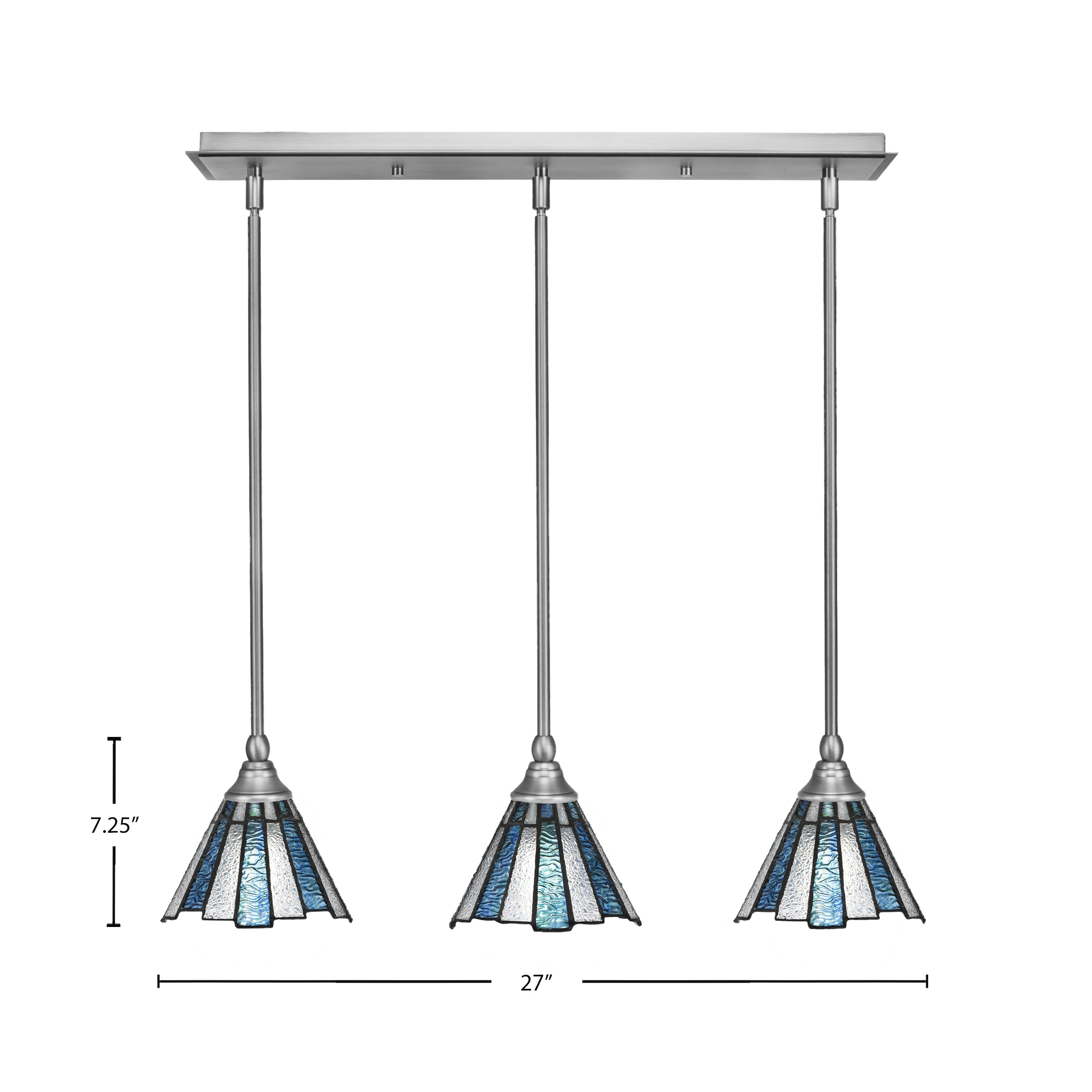 Stem Three Light Linear Pendalier in Brushed Nickel with Sea Ice Art Glass Shade