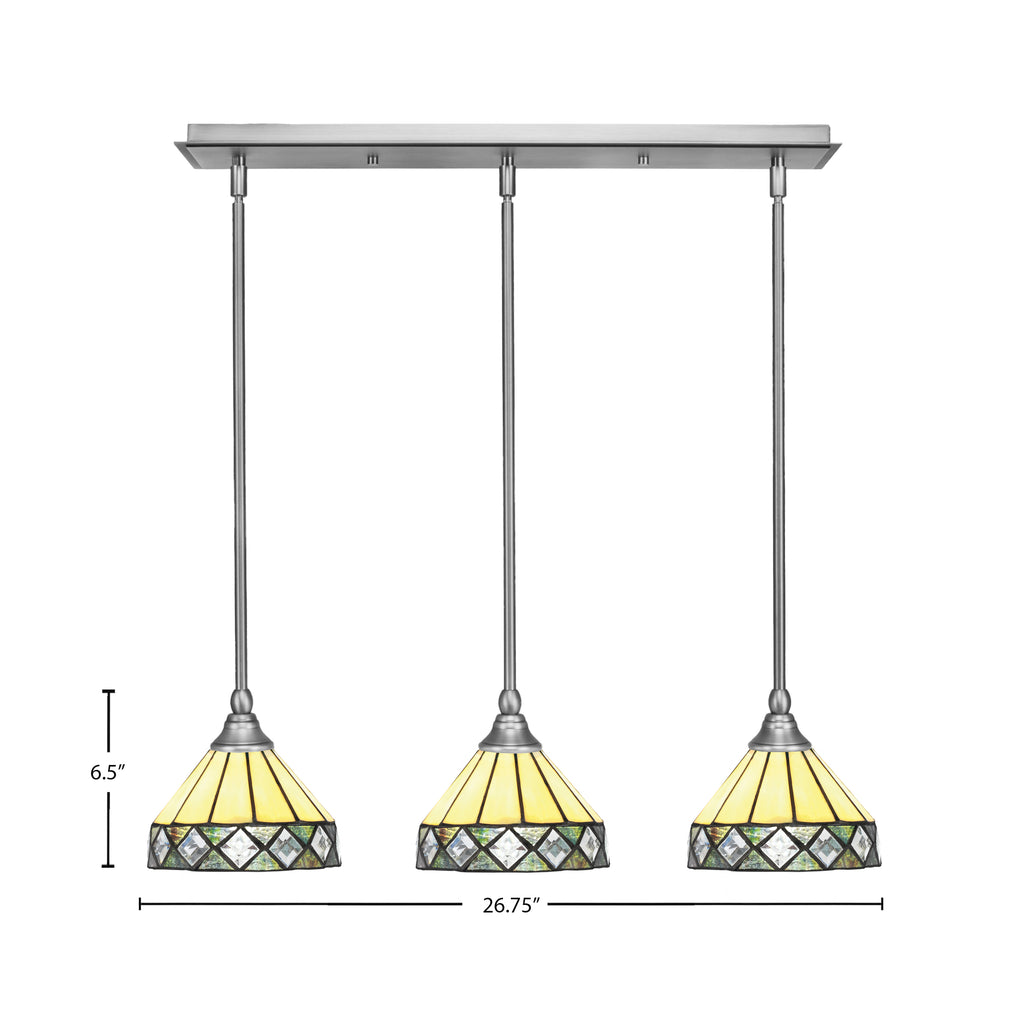 Stem Three Light Linear Pendalier in Brushed Nickel with Diamond Peak Art Glass Shade