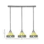 Stem Three Light Linear Pendalier in Brushed Nickel with Diamond Peak Art Glass Shade
