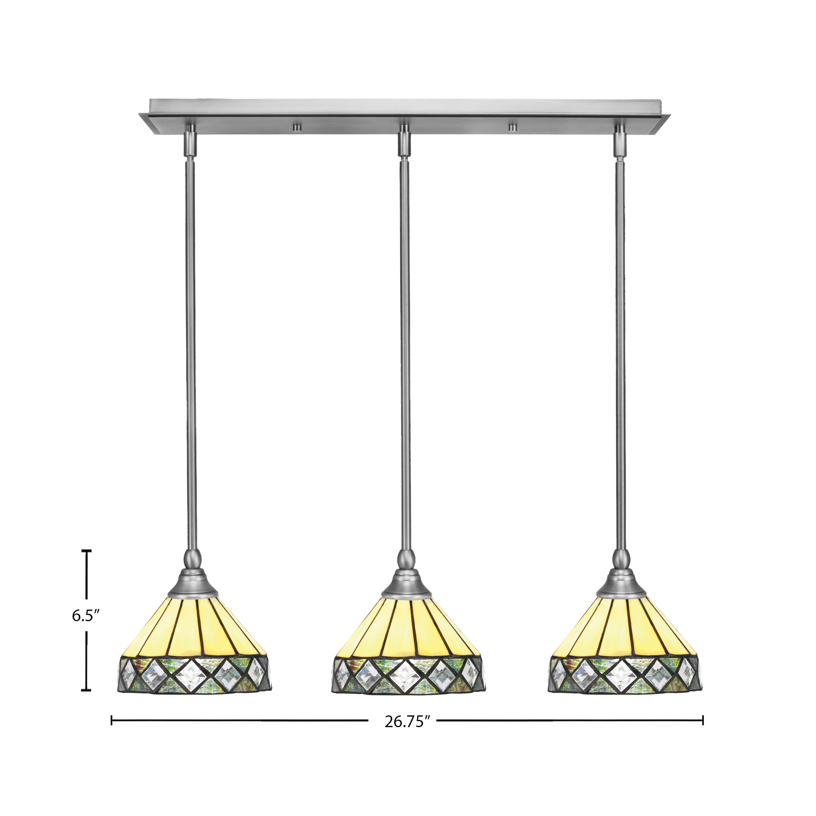 Stem Three Light Linear Pendalier in Brushed Nickel with Diamond Peak Art Glass Shade