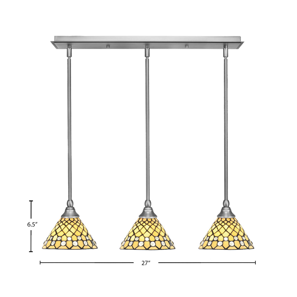 Stem Three Light Linear Pendalier in Brushed Nickel with Starlight Art Glass Shade