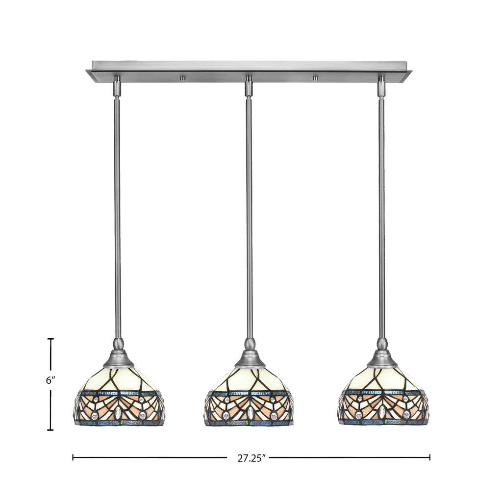 Any Three Light Linear Pendalier in Brushed Nickel with 7" Royal Merlot Art Glass Shade