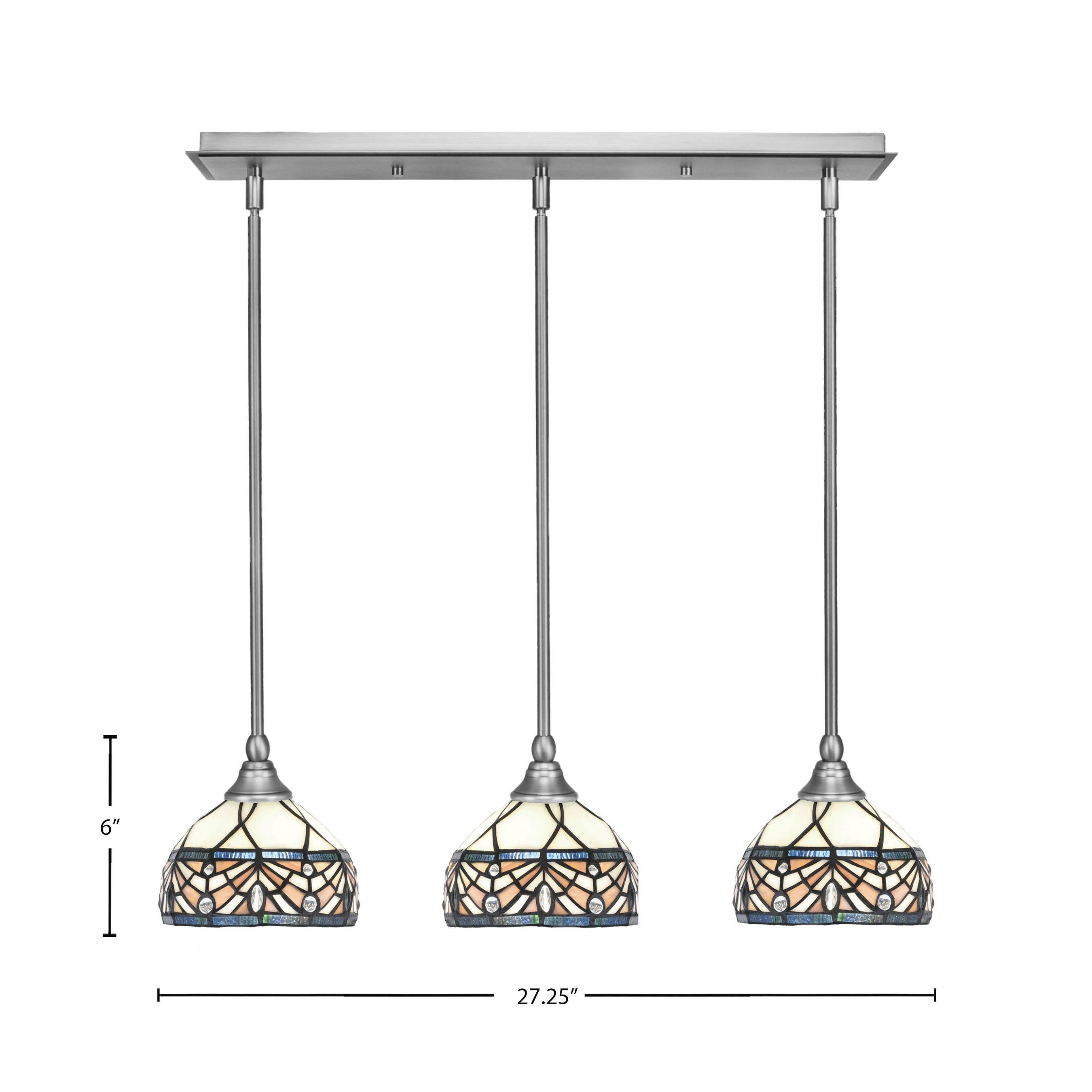 Any Three Light Linear Pendalier in Brushed Nickel with 7" Royal Merlot Art Glass Shade