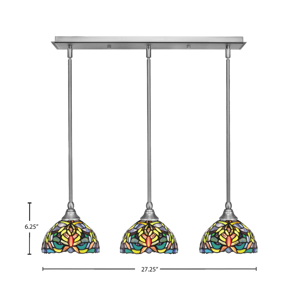 Any Three Light Linear Pendalier in Brushed Nickel with 7" Kaleidoscope Art Glass Shade