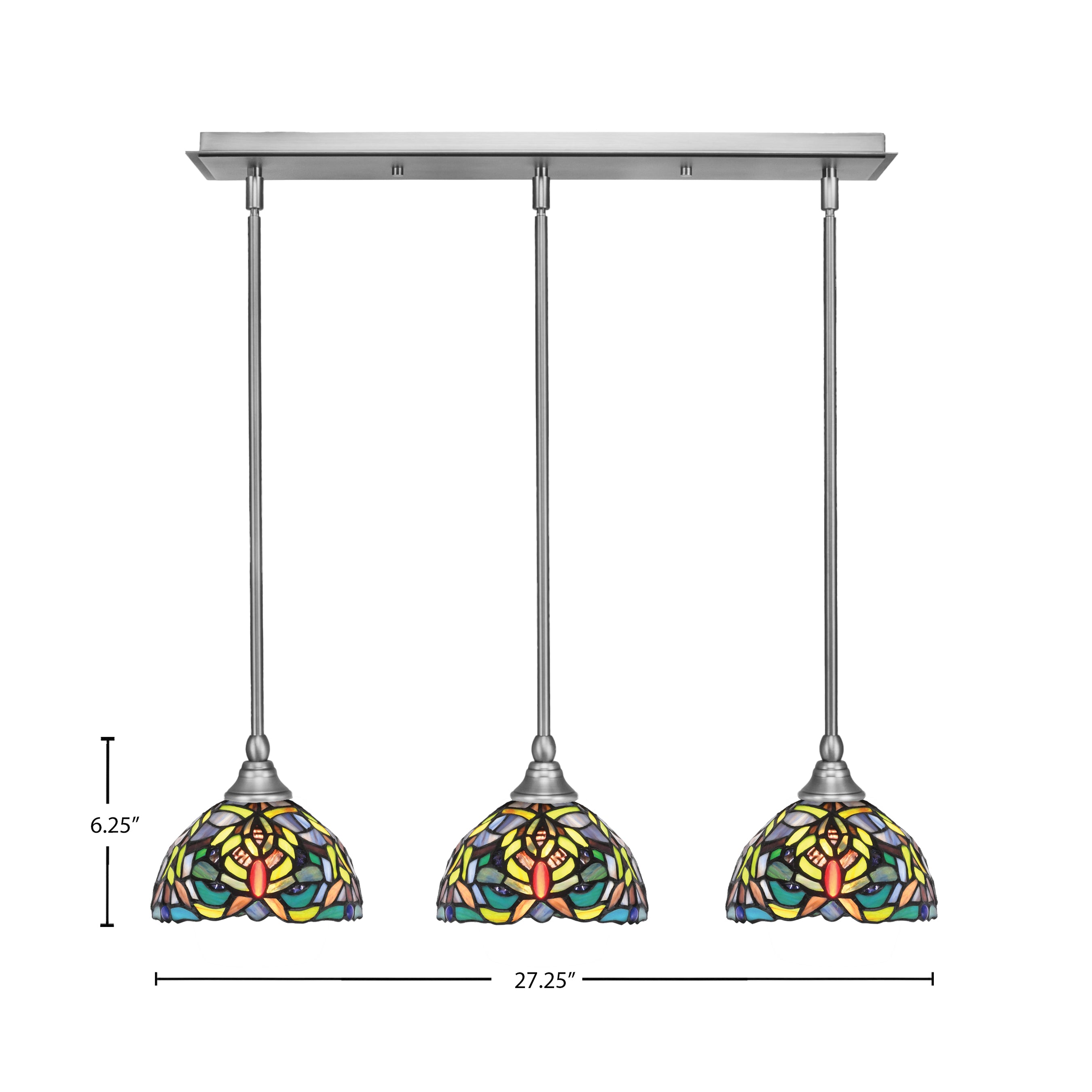 Any Three Light Linear Pendalier in Brushed Nickel with 7" Kaleidoscope Art Glass Shade