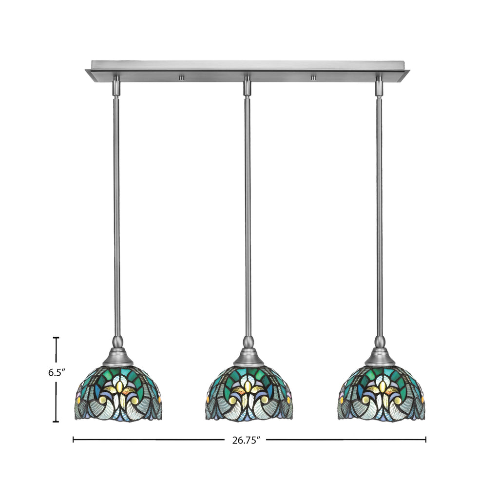 Stem Three Light Linear Pendalier in Brushed Nickel with Turquoise Cypress Art Glass Shade