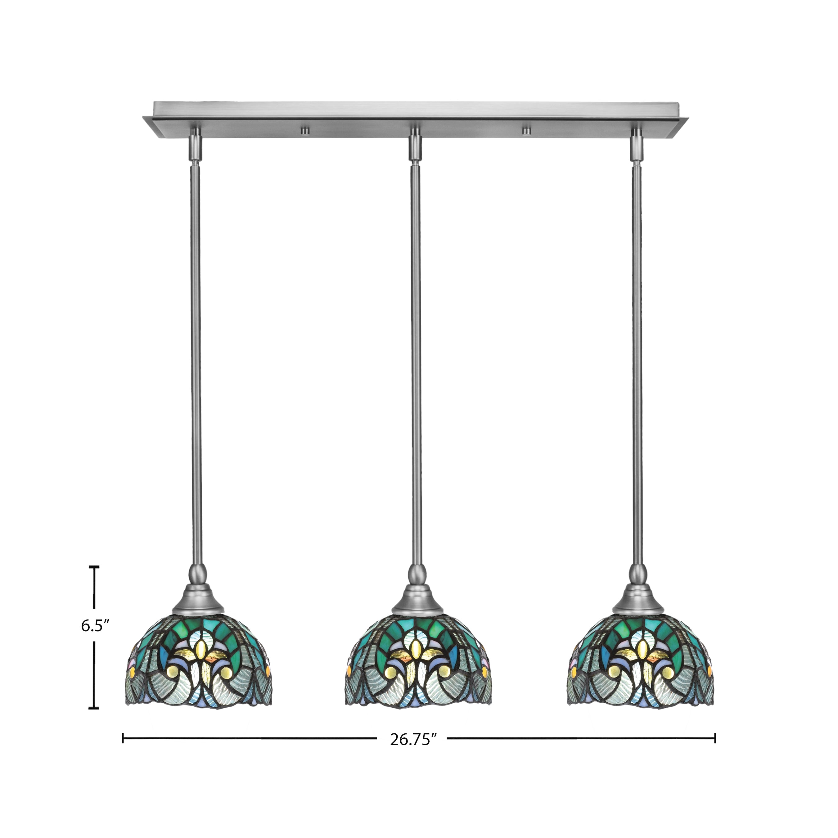 Stem Three Light Linear Pendalier in Brushed Nickel with Turquoise Cypress Art Glass Shade
