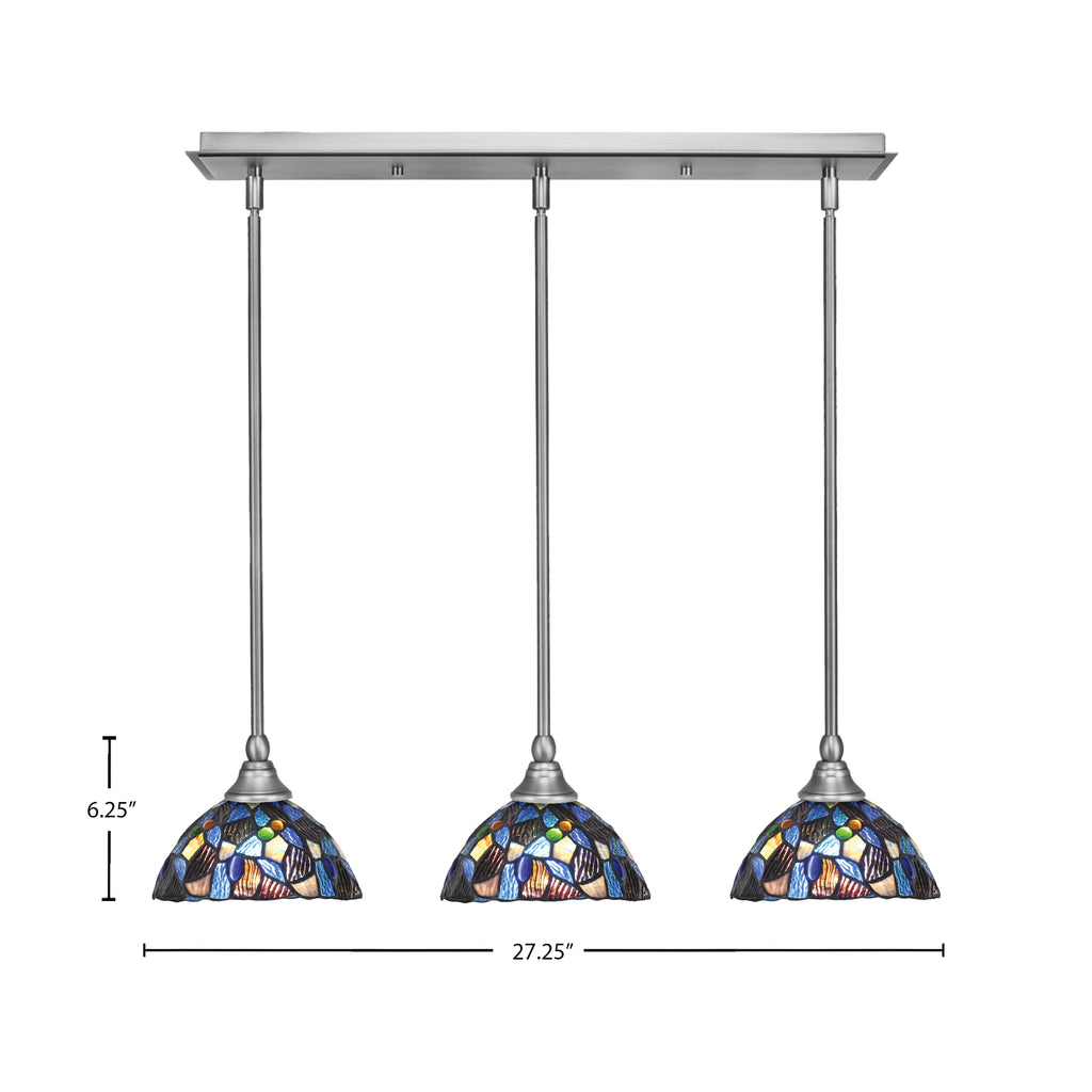 Any Three Light Linear Pendalier in Brushed Nickel with 7" Blue Mosaic Art Glass Shade