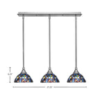 Any Three Light Linear Pendalier in Brushed Nickel with 7" Blue Mosaic Art Glass Shade