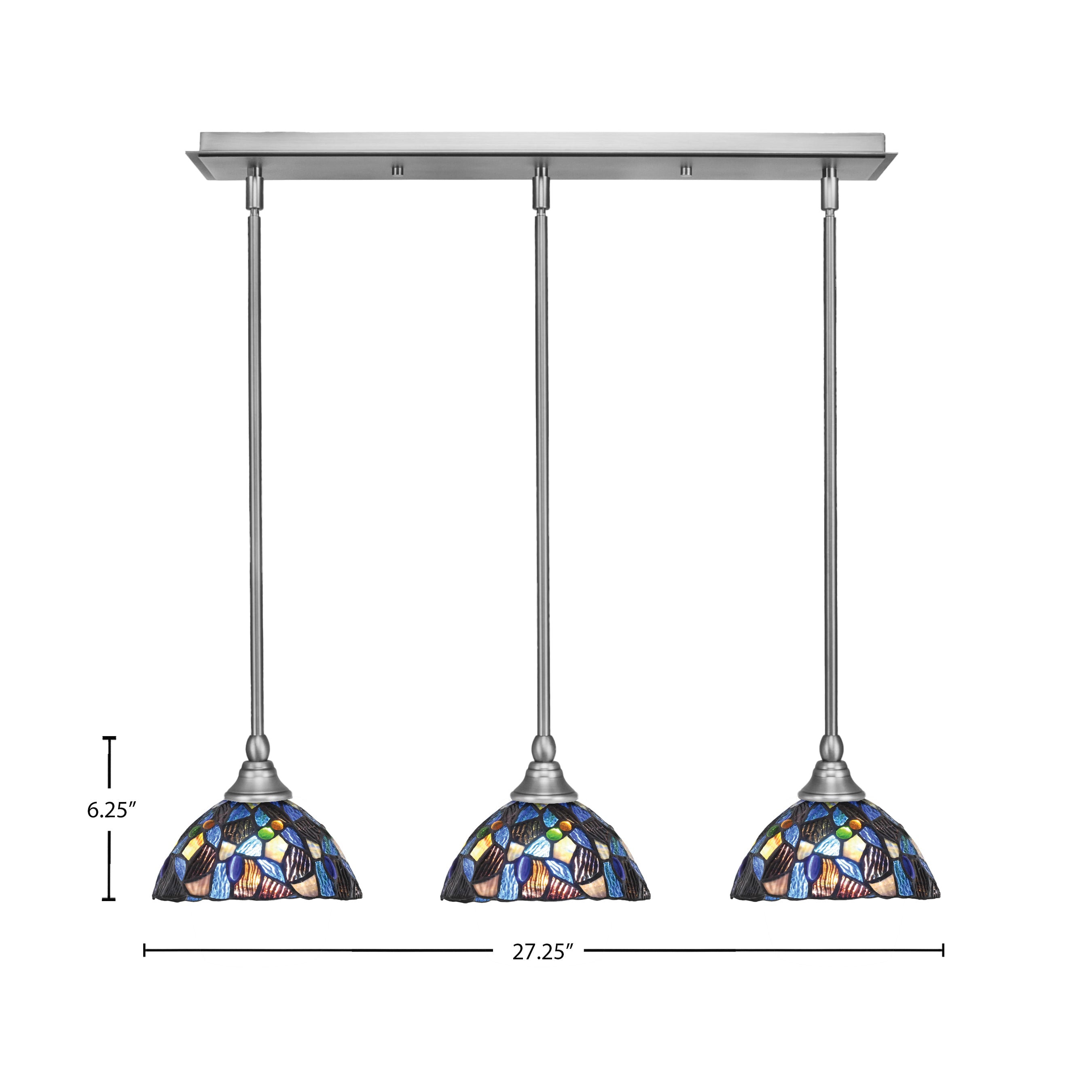 Any Three Light Linear Pendalier in Brushed Nickel with 7" Blue Mosaic Art Glass Shade
