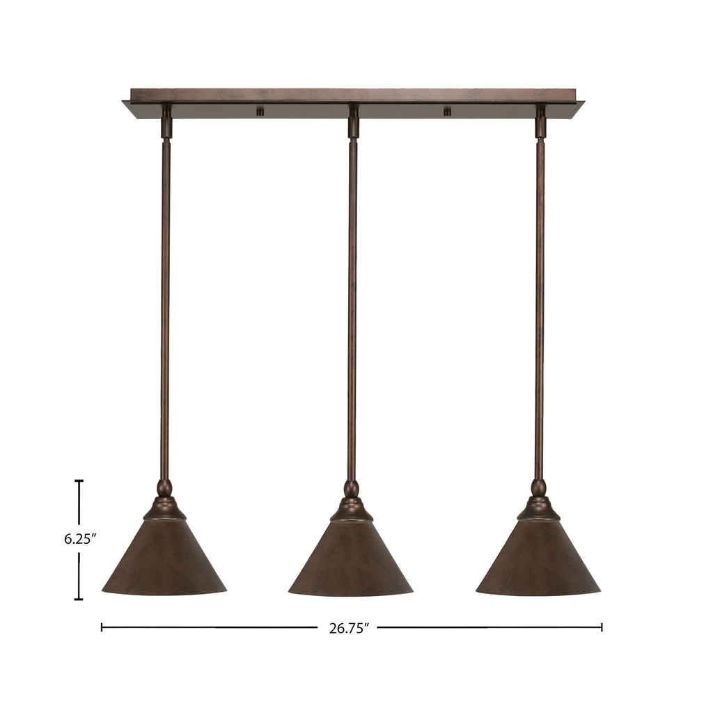 Any Three Light Linear Pendalier in Bronze with 7" Bronze Cone Metal Shade Shade