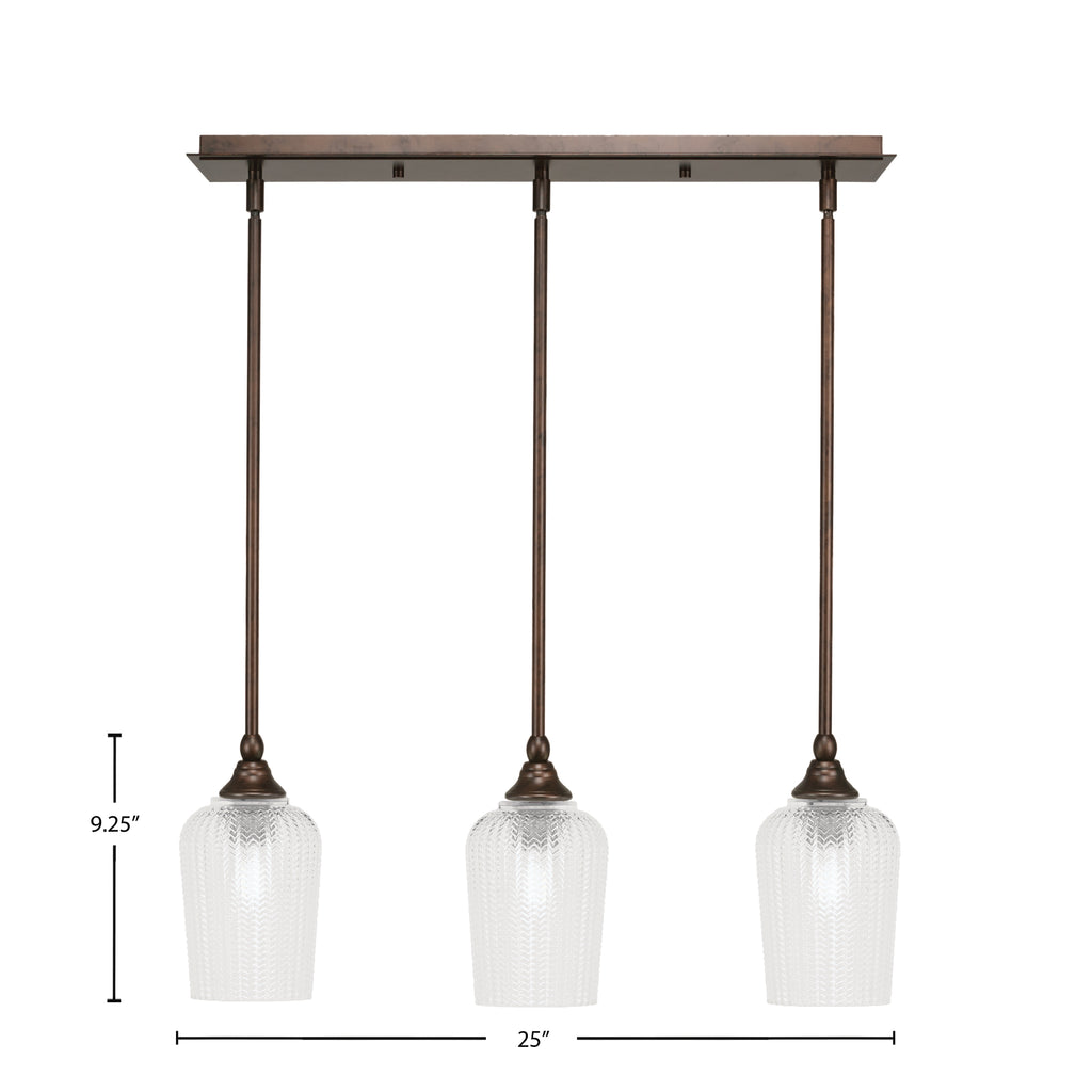 Stem Three Light Linear Pendalier in Bronze with Clear Textured Shade