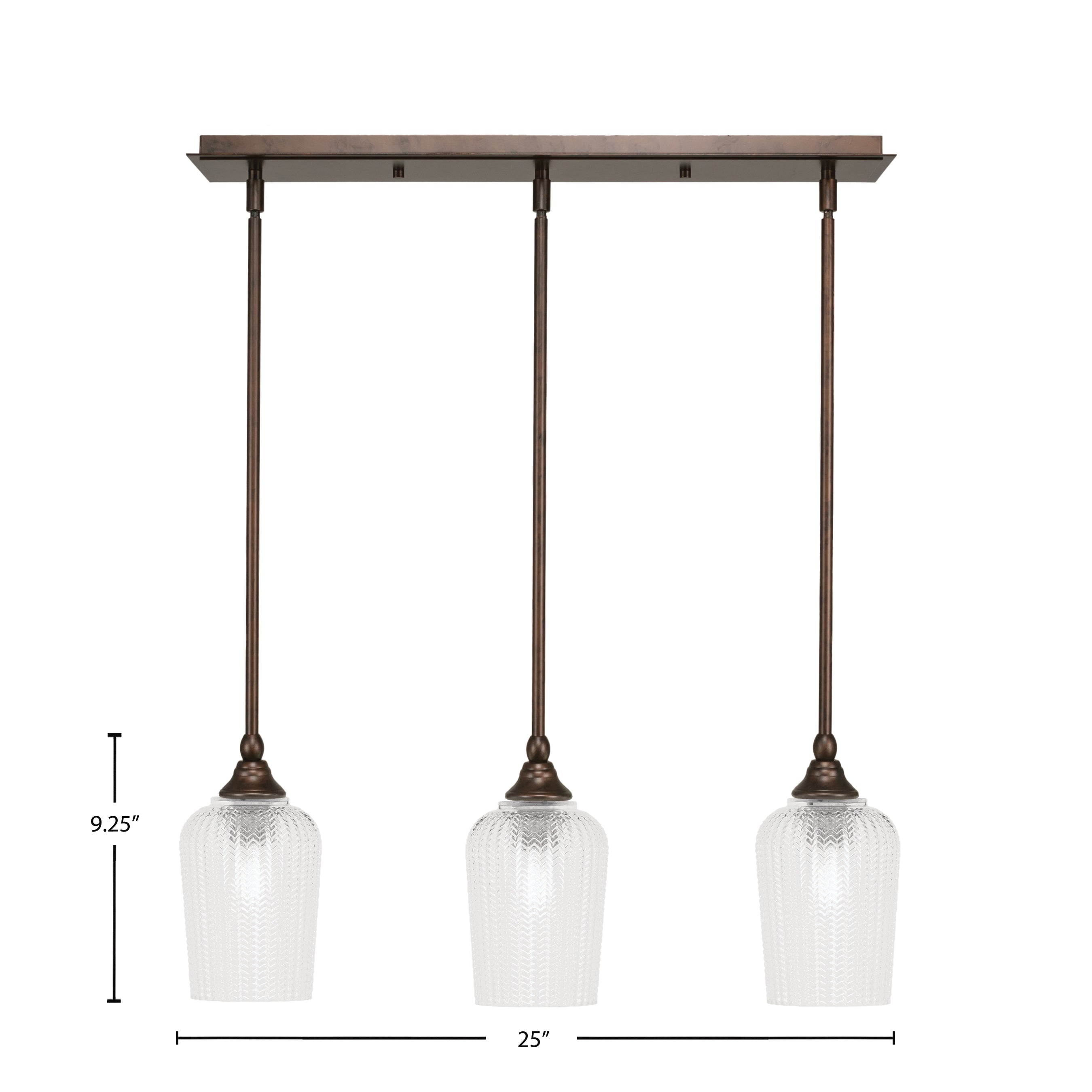 Stem Three Light Linear Pendalier in Bronze with Clear Textured Shade