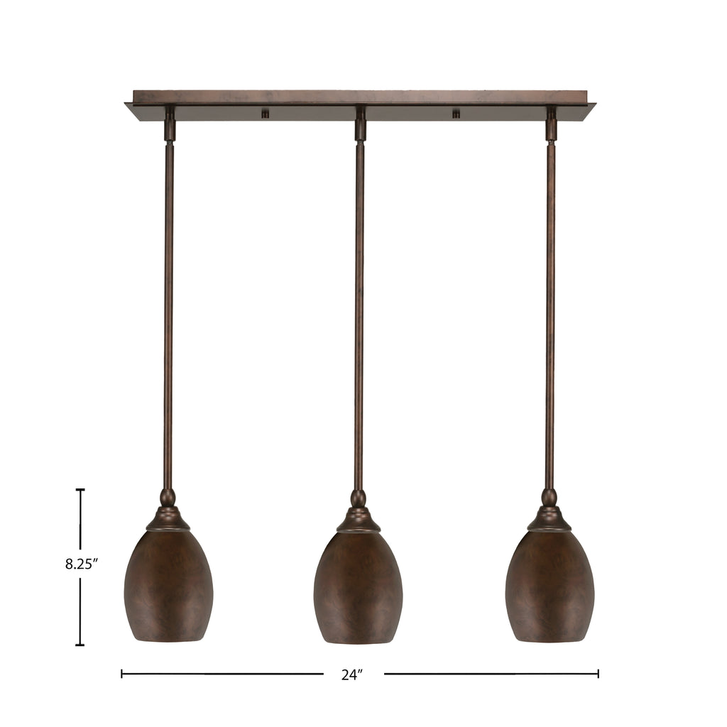 Any Three Light Linear Pendalier in Bronze with 5" Bronze Oval Metal Shade Shade