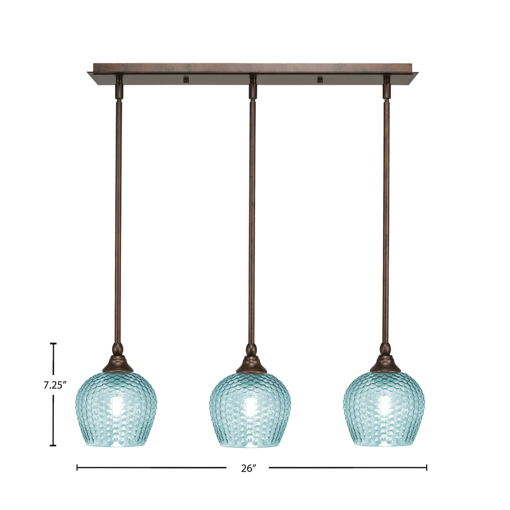 Stem Three Light Linear Pendalier in Bronze with Turquoise Textured Shade