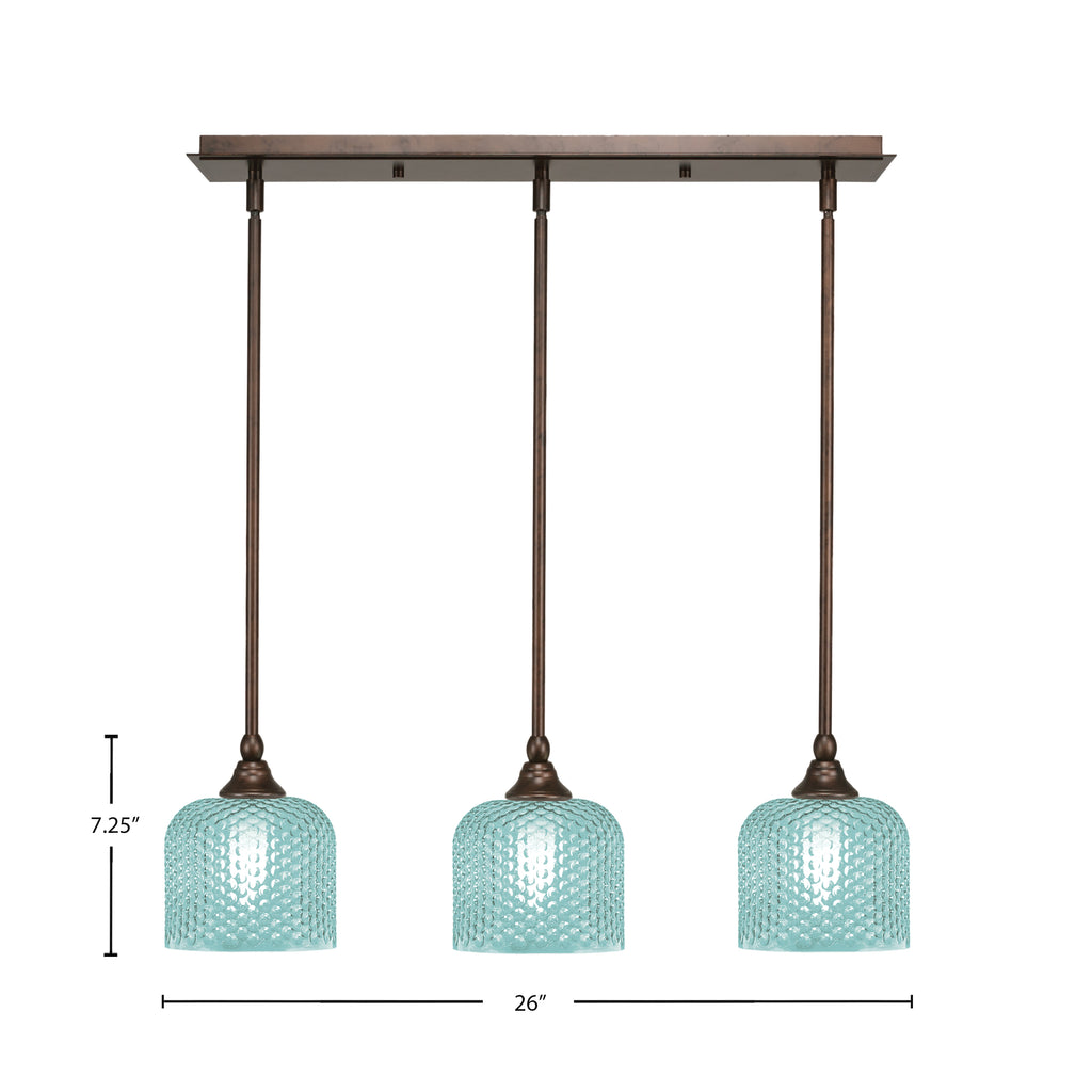 Stem Three Light Linear Pendalier in Bronze with Turquoise Textured Shade