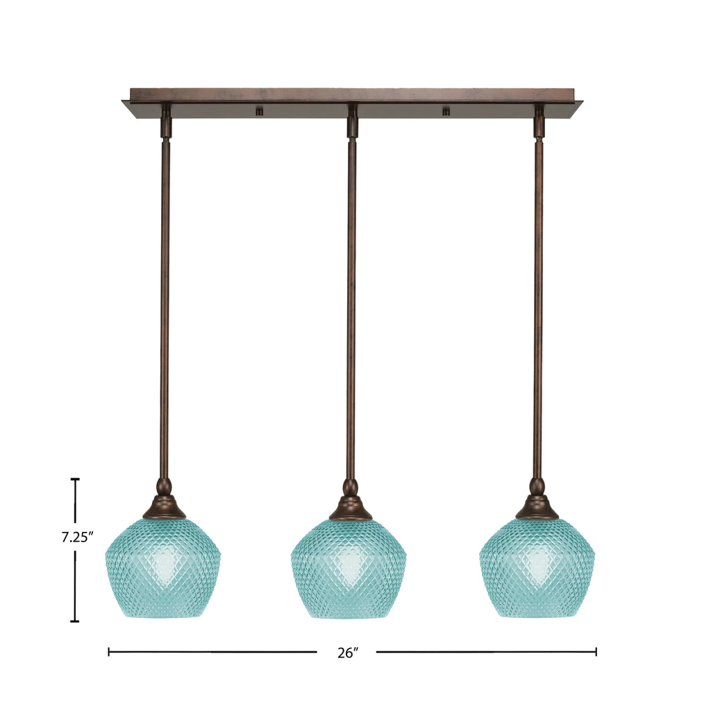 Stem Three Light Linear Pendalier in Bronze with Turquoise Textured Shade