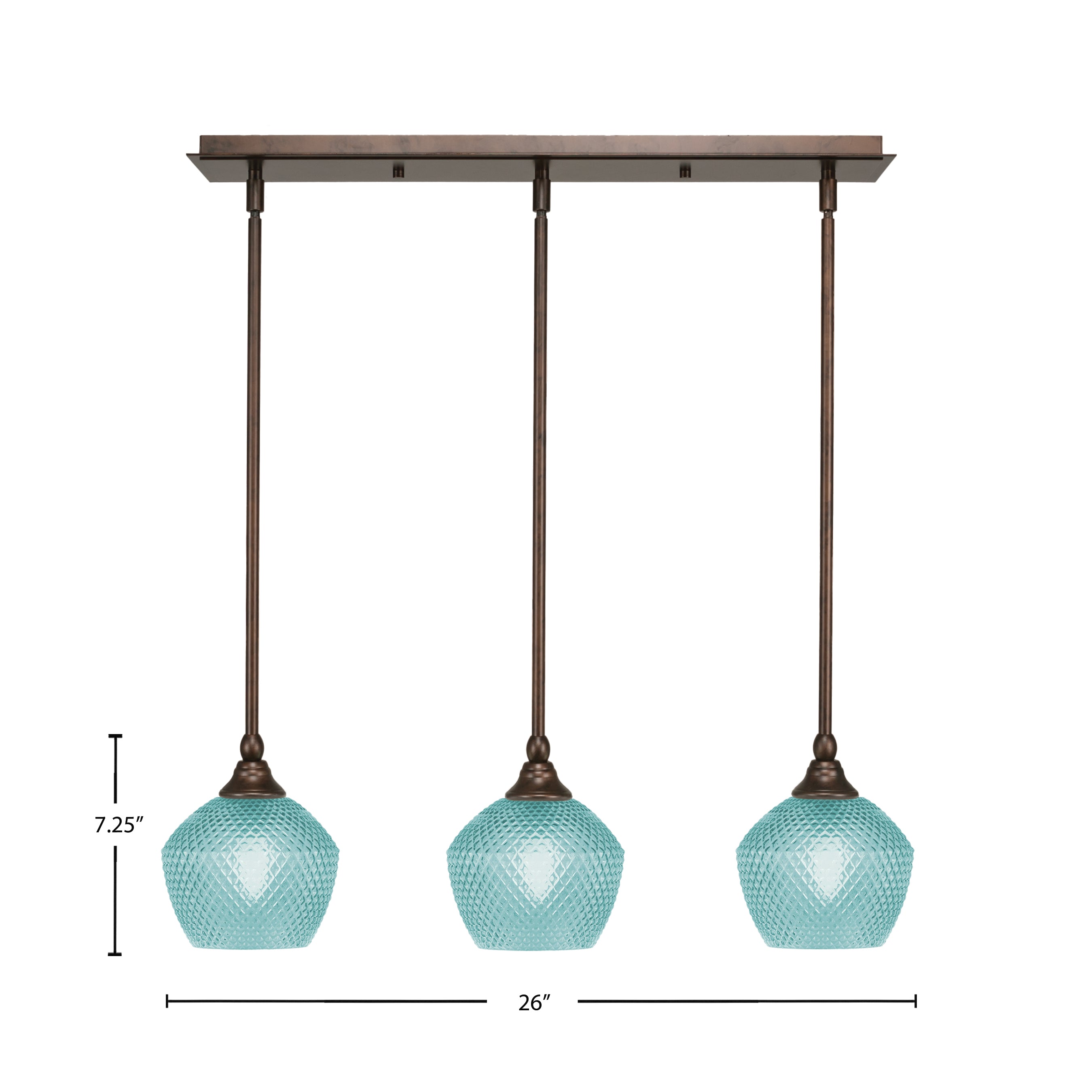 Stem Three Light Linear Pendalier in Bronze with Turquoise Textured Shade