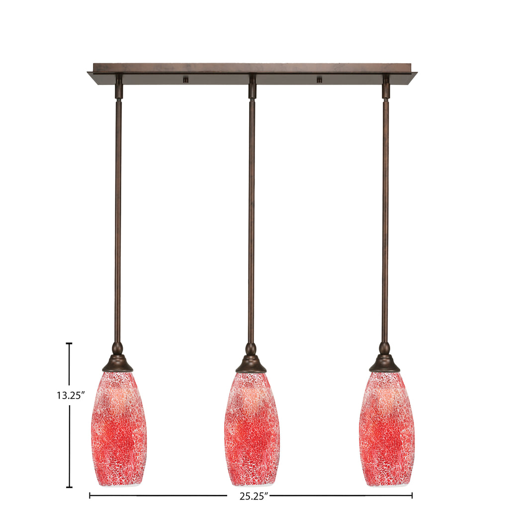 Any Three Light Linear Pendalier in Bronze with 5.5" Red Fusion Shade